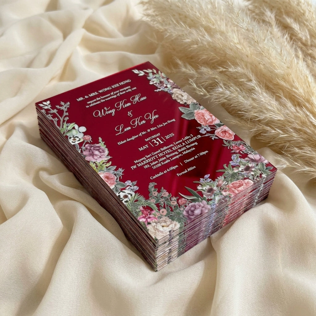 Opulent Mirror Acrylic Wedding Invitations with Chic Botanical Floral Design