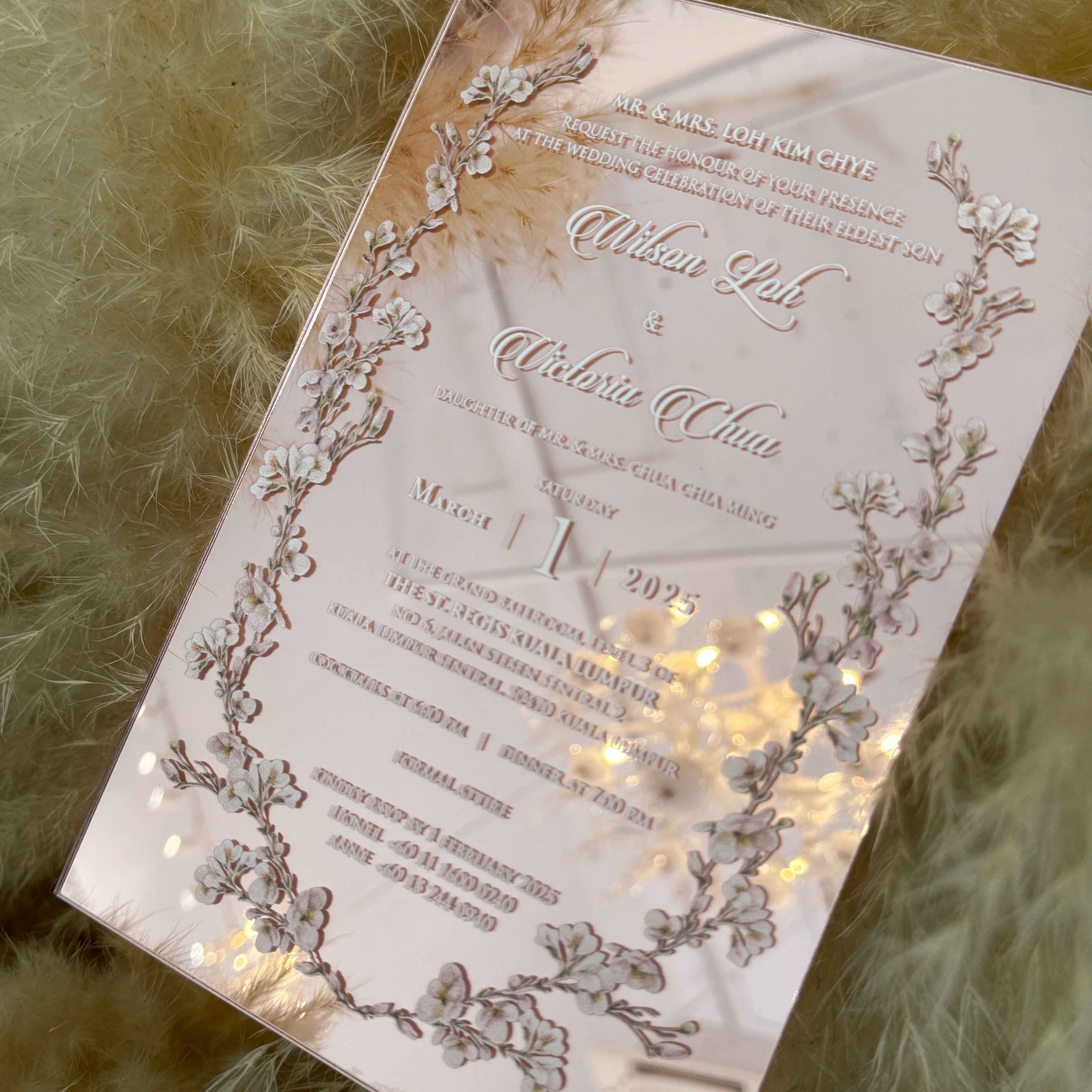 Opulent Mirror Acrylic Wedding Invitations in white ink print with Chic Floral Design