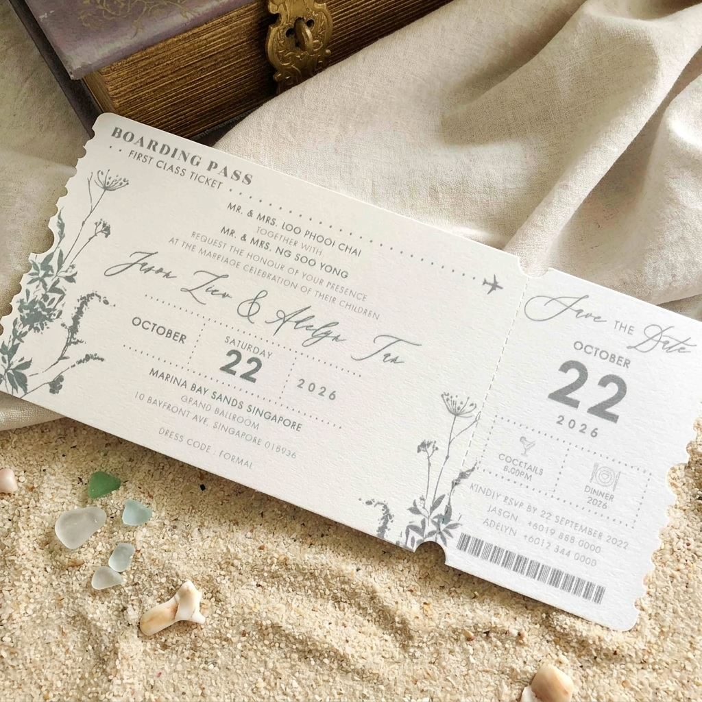 These lovely boarding pass invitations features a clean and minimal design with accents of modern typography.
