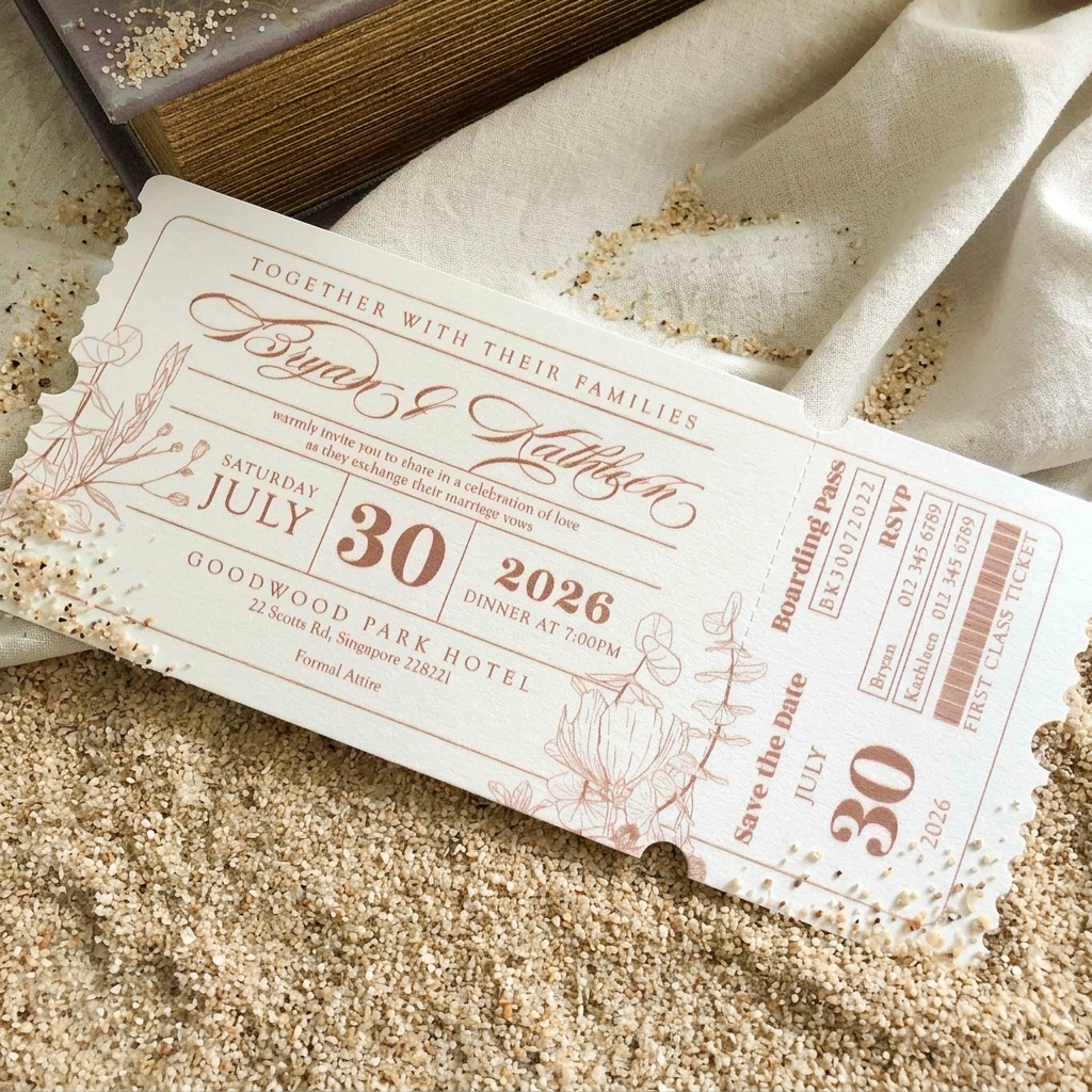 These lovely boarding pass invitations features a clean and minimal design with accents of modern typography.