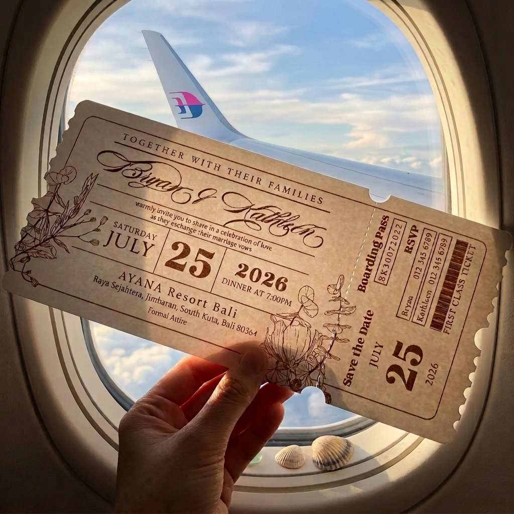 These lovely boarding pass invitations features a clean and minimal design with accents of modern typography.