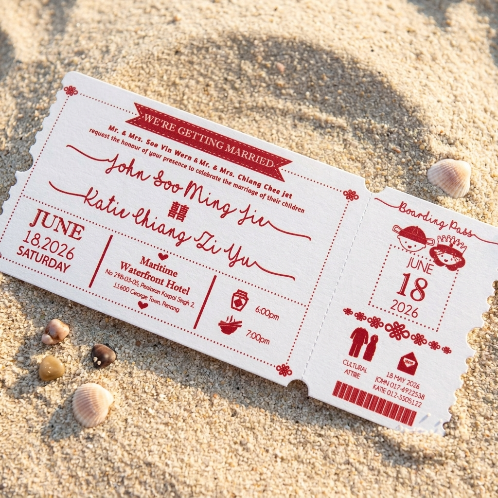 These lovely boarding pass invitations features a clean and minimal design with accents of modern typography.
