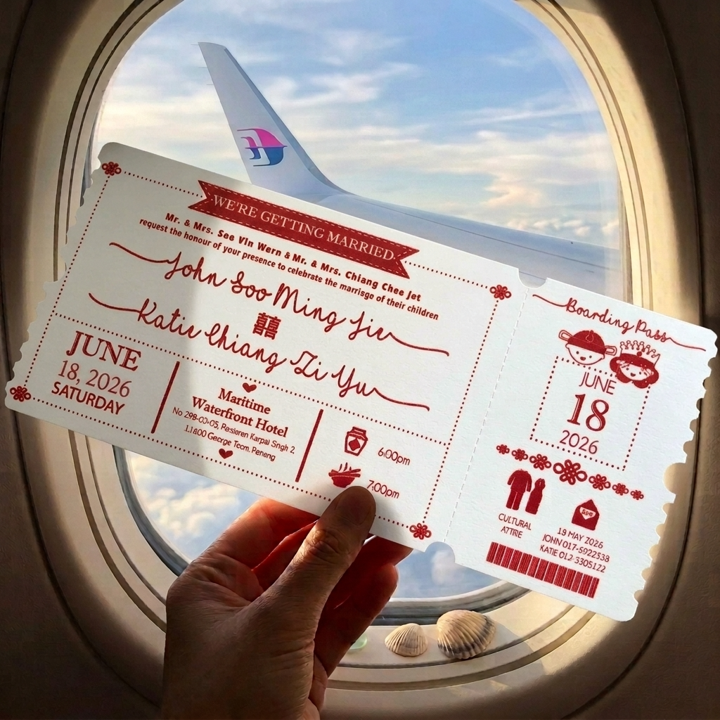 These lovely boarding pass invitations features a clean and minimal design with accents of modern typography.
