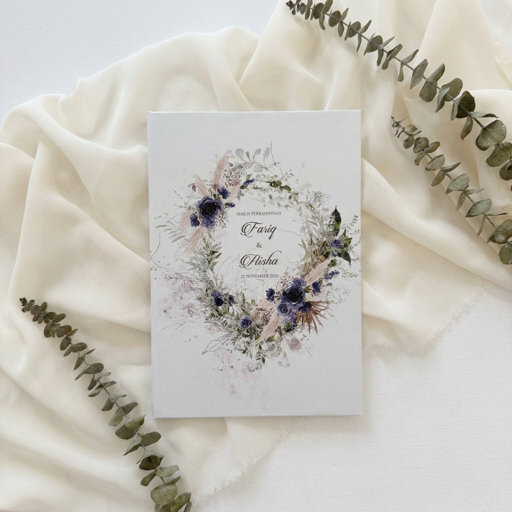 Hardcover wedding invitations offer a premium, book-like luxury presentation that makes a lasting statement for high-end ceremonies. Built on durable rigid chipboard, these invitations are often paired with high-end textures like matte laminate, velvet, or suede, and are finished with elegant hot foil stamping.