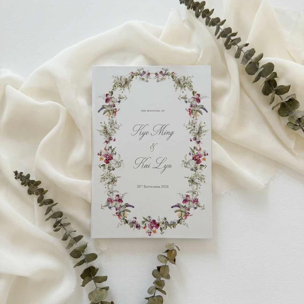 Hardcover wedding invitations offer a premium, book-like luxury presentation that makes a lasting statement for high-end ceremonies. Built on durable rigid chipboard, these invitations are often paired with high-end textures like matte laminate, velvet, or suede, and are finished with elegant hot foil stamping.