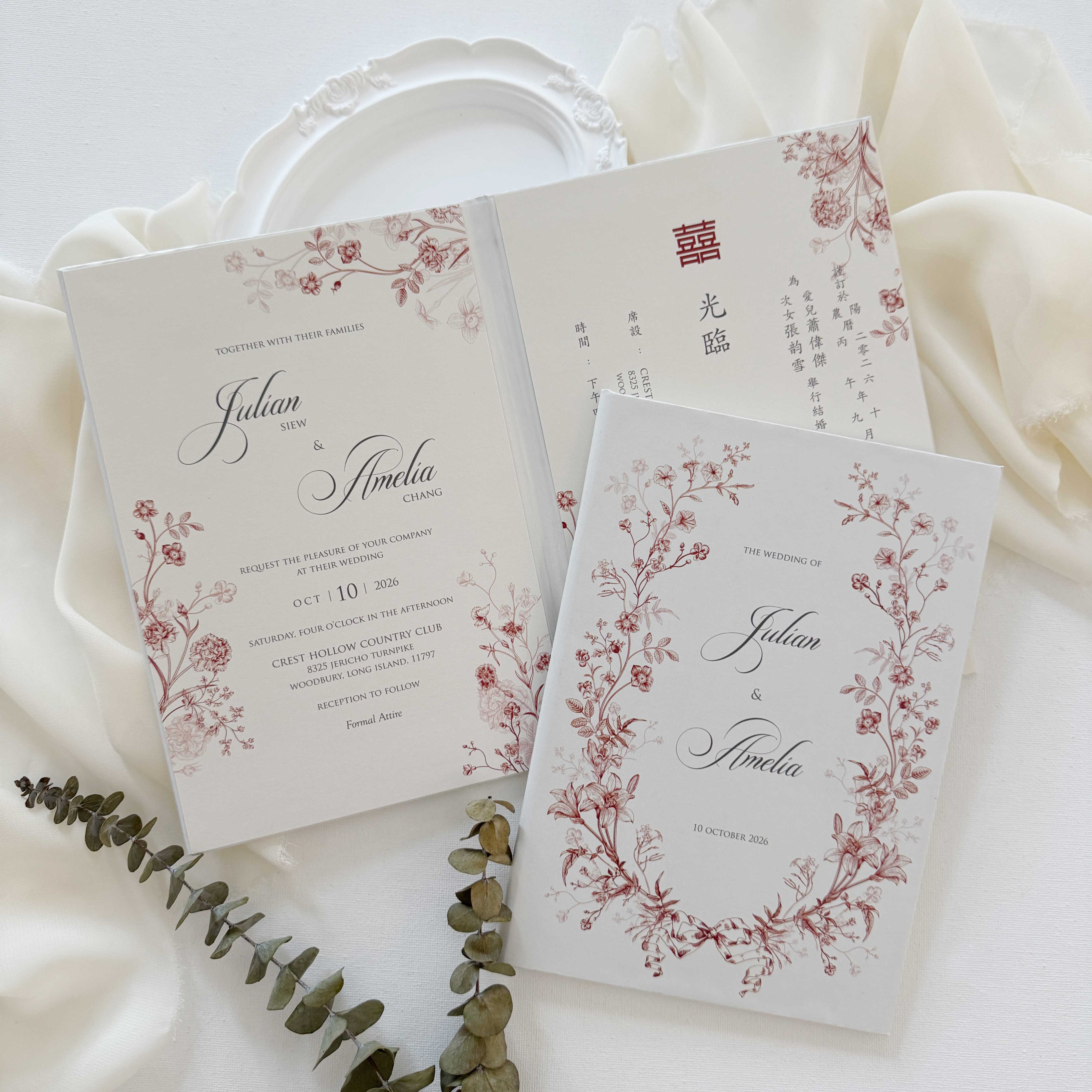 Hardcover wedding invitations offer a premium, book-like luxury presentation that makes a lasting statement for high-end ceremonies. Built on durable rigid chipboard, these invitations are often paired with high-end textures like matte laminate, velvet, or suede, and are finished with elegant hot foil stamping.