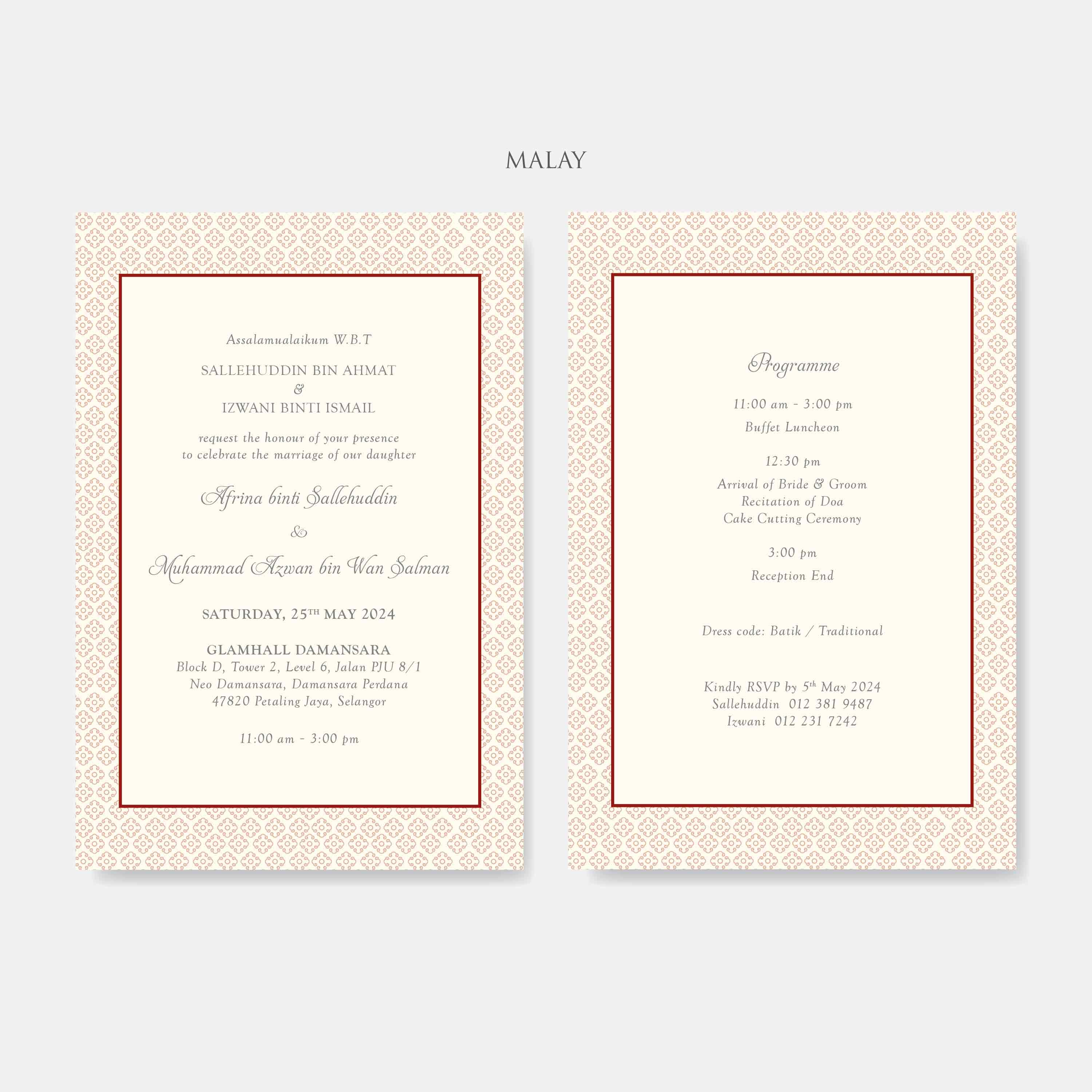 Two wedding invitation cards with red and gold patterns on a light gray background.