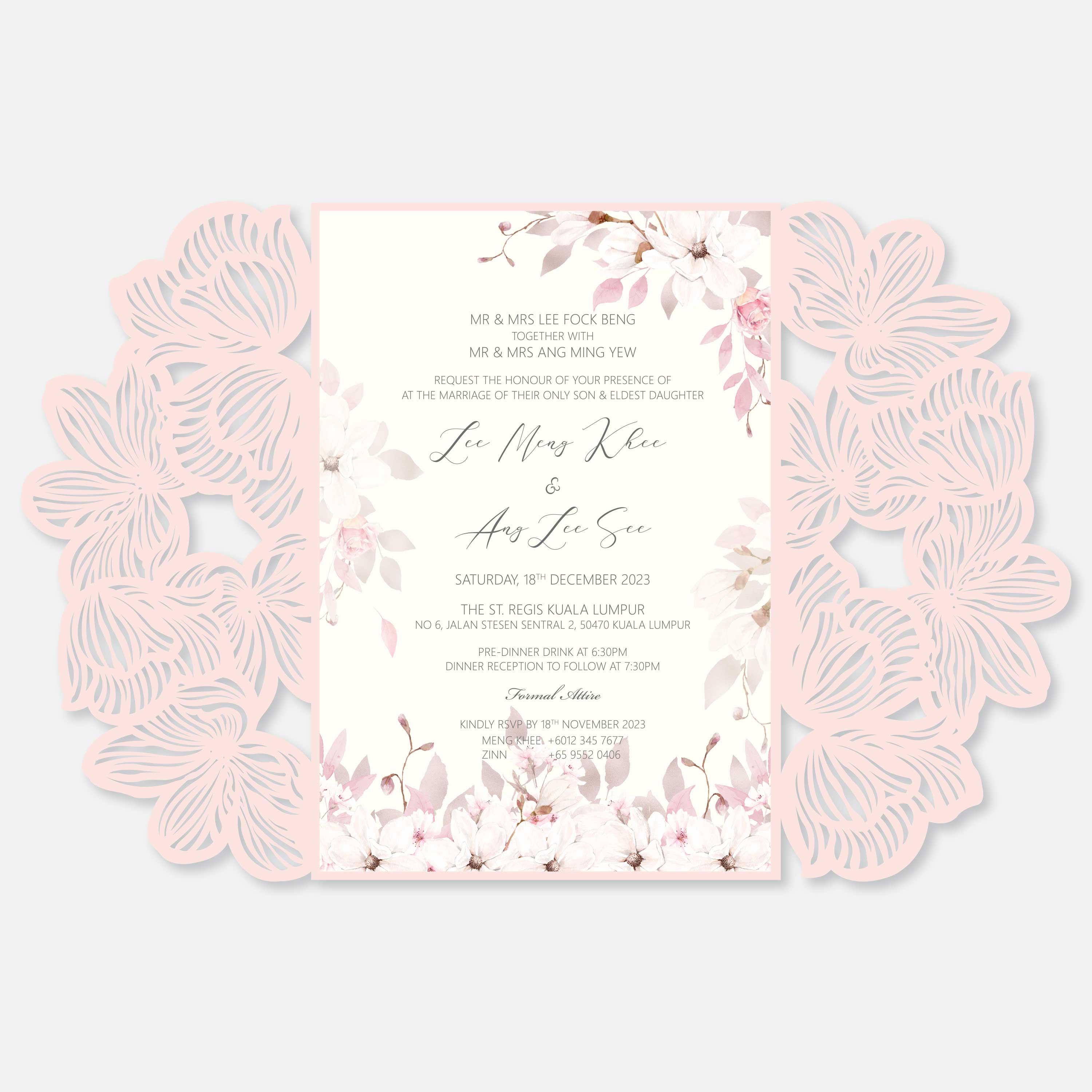 Floral wedding invitation with laser-cut edges on a white background