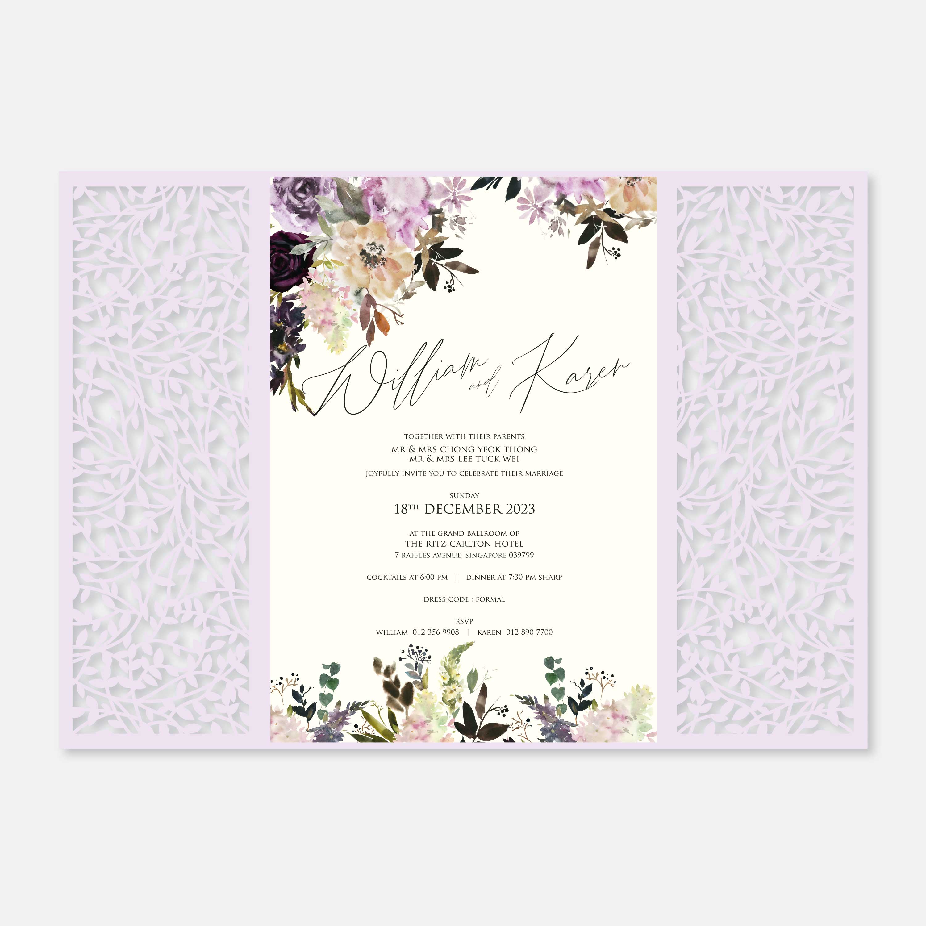 Wedding invitation with floral design on a white background