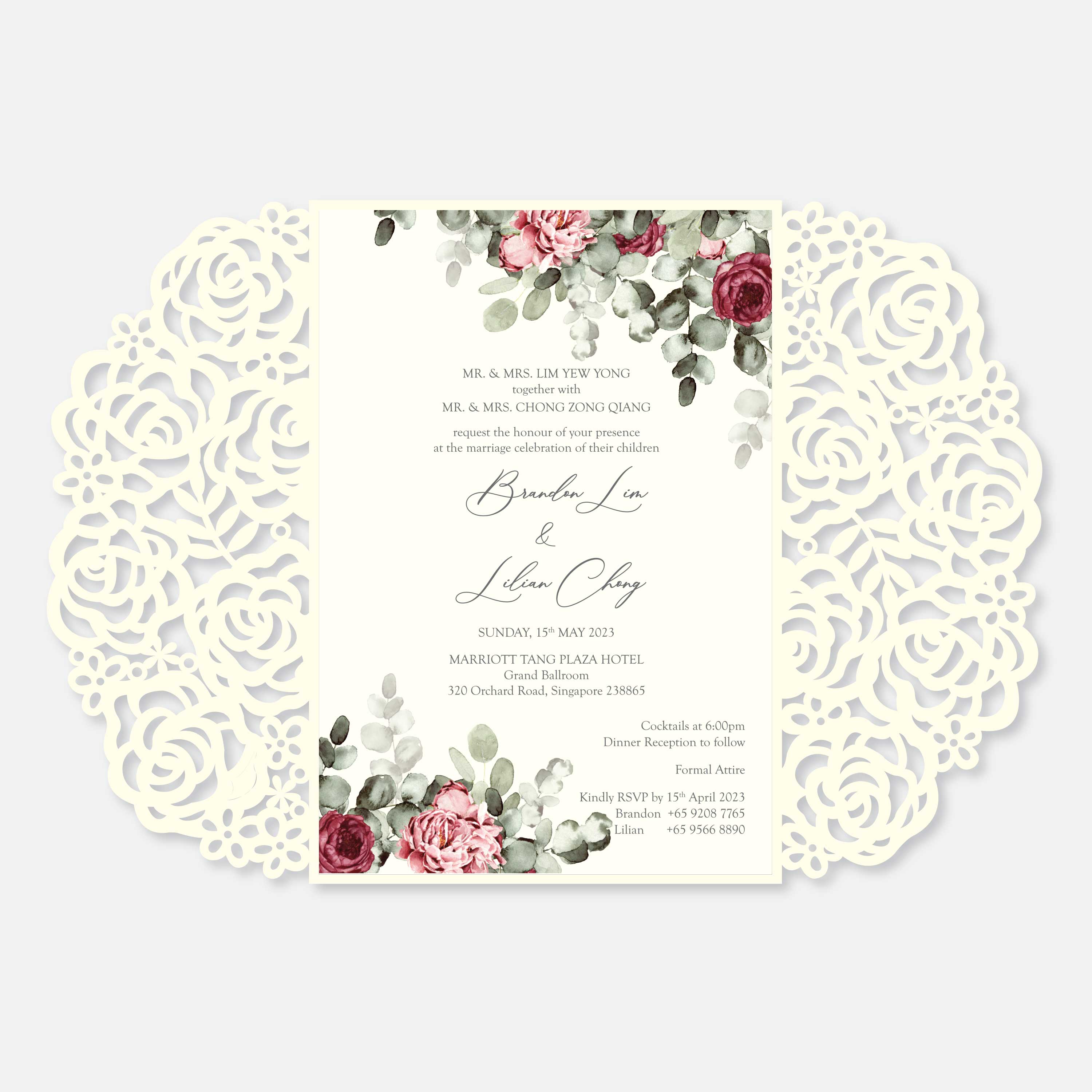 Floral wedding invitation with decorative border on a light gray background