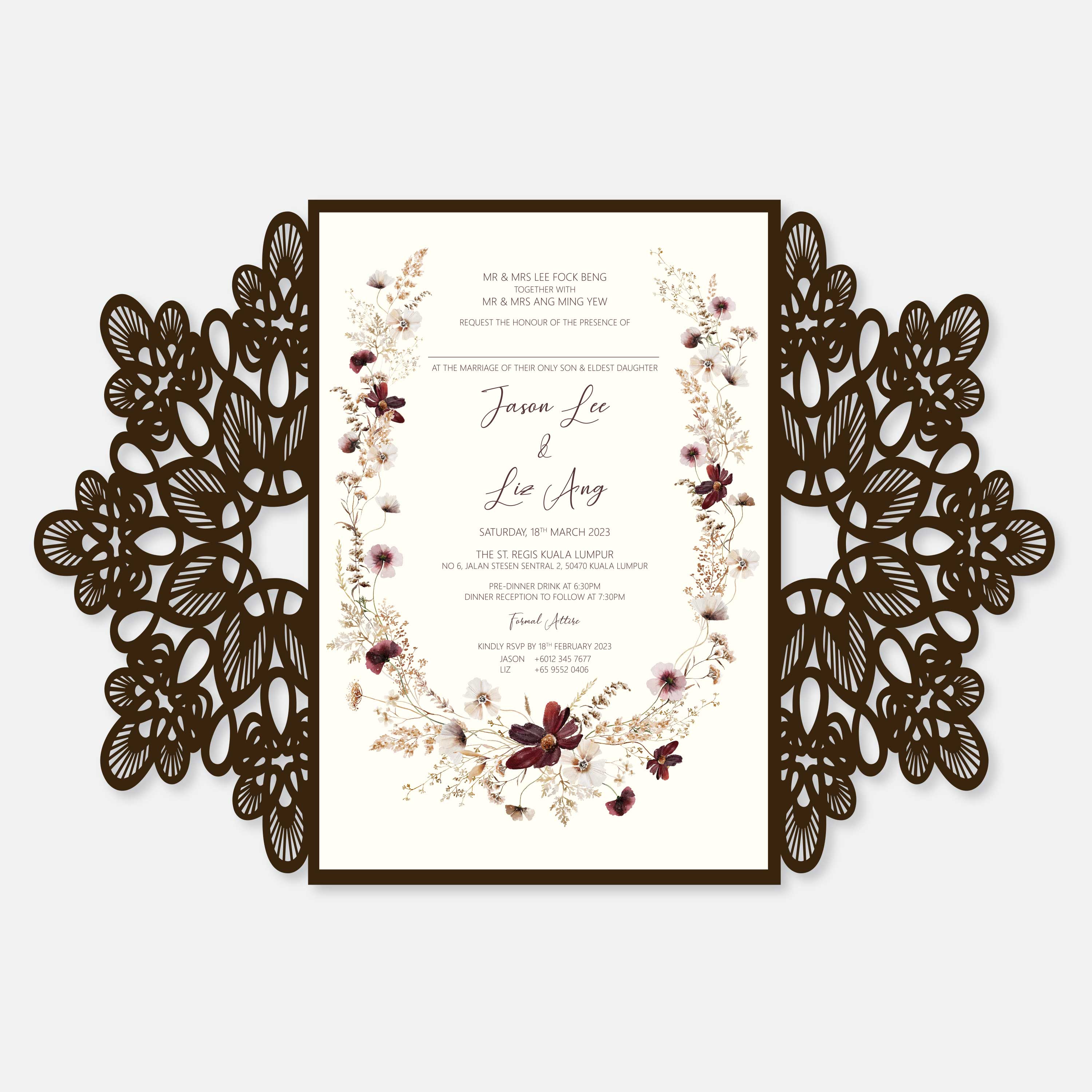 Floral wedding invitation with decorative laser-cut edges on a white background