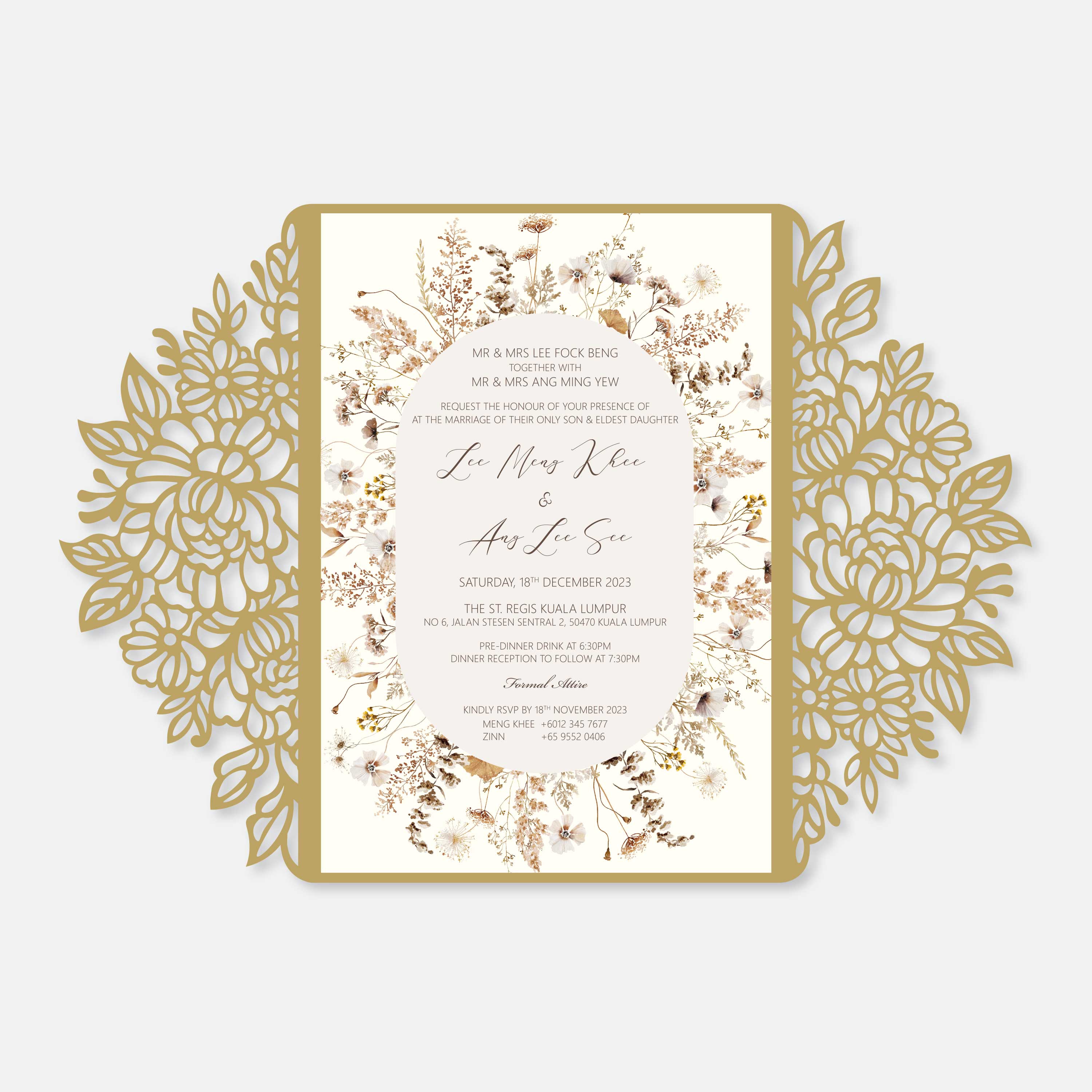Floral wedding invitation with gold laser-cut edges on a white background