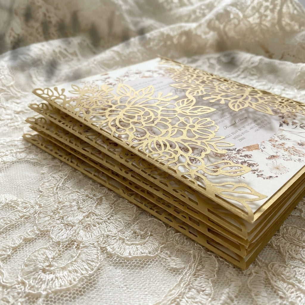Stack of gold laser-cut cards on a lace fabric background