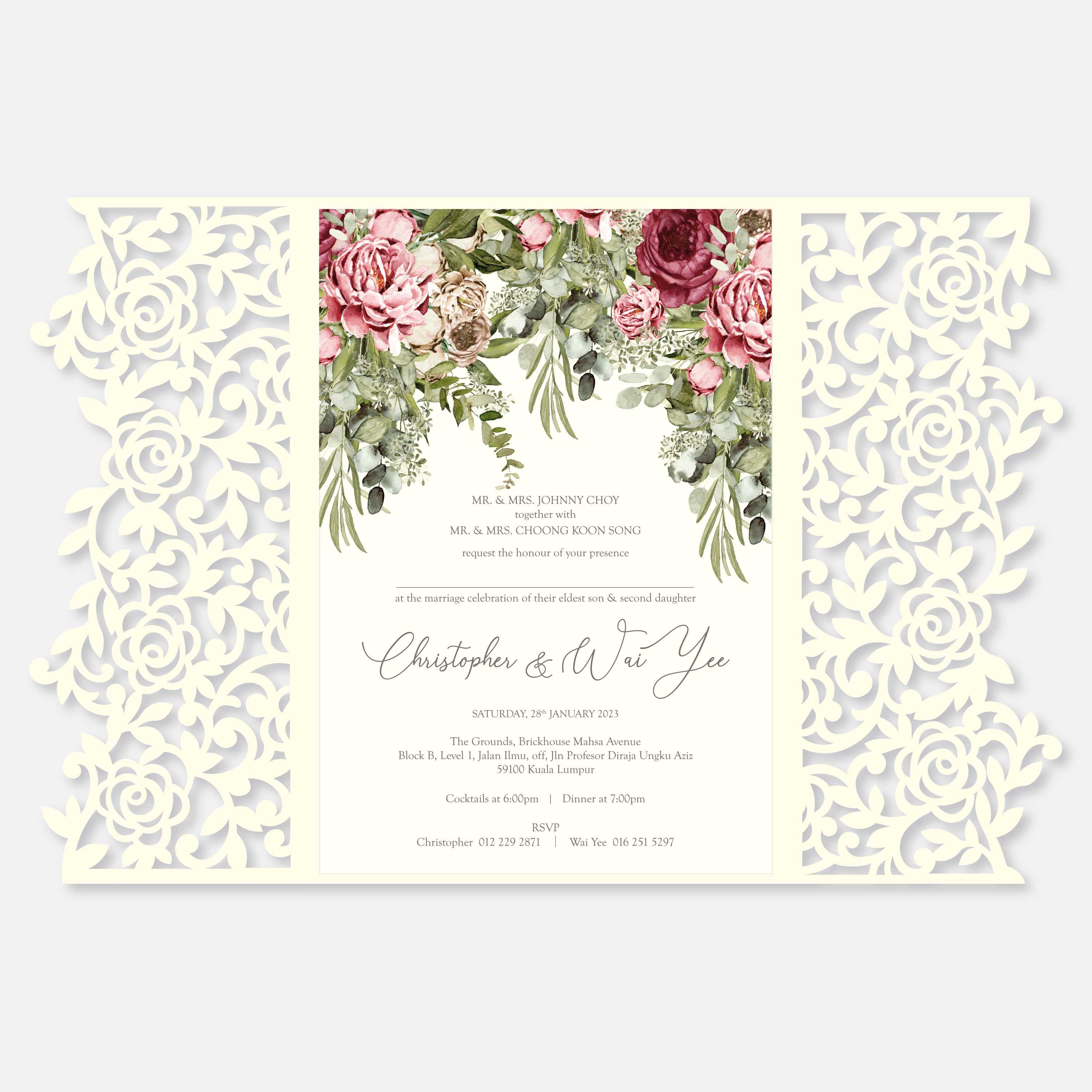 Floral wedding invitation with decorative borders on a light gray background