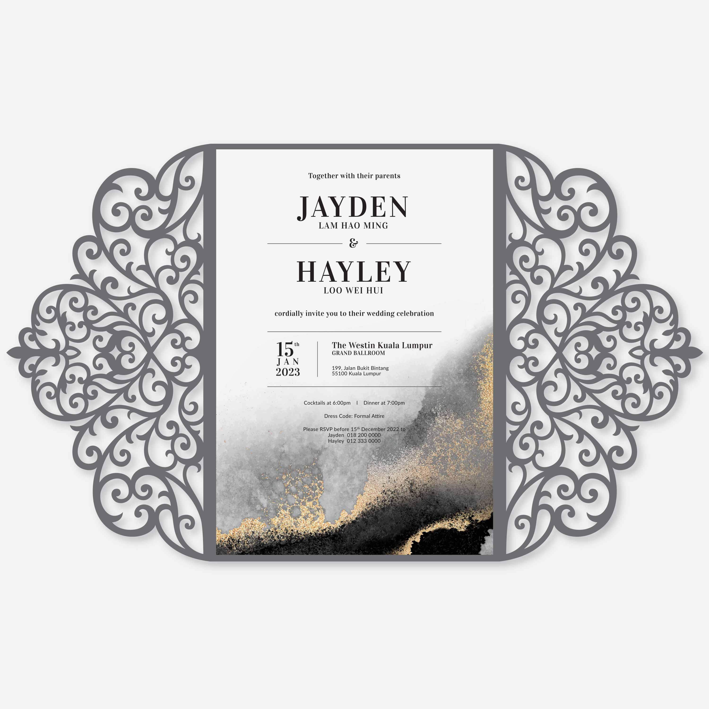 Decorative wedding invitation with intricate laser-cut border on a white background