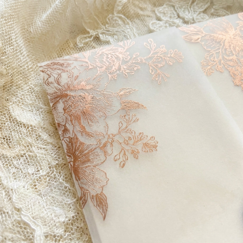 Real foil wedding invitations add a striking, metallic shine and a luxurious, tactile feel to your stationery that cannot be replicated by standard digital printing. Real foil uses heat and pressure to bond true metallic material directly onto your paper or cardstock.