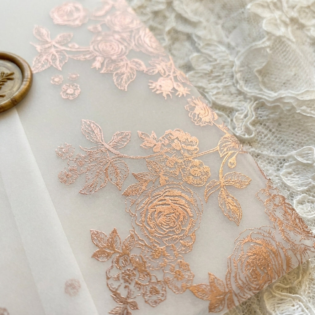 Real foil wedding invitations add a striking, metallic shine and a luxurious, tactile feel to your stationery that cannot be replicated by standard digital printing. Real foil uses heat and pressure to bond true metallic material directly onto your paper or cardstock.