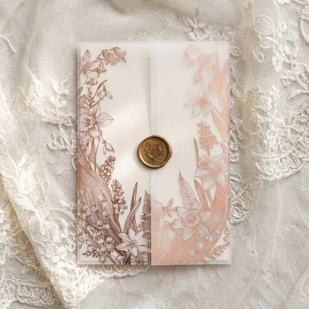 Real foil wedding invitations add a striking, metallic shine and a luxurious, tactile feel to your stationery that cannot be replicated by standard digital printing. Real foil uses heat and pressure to bond true metallic material directly onto your paper or cardstock.
