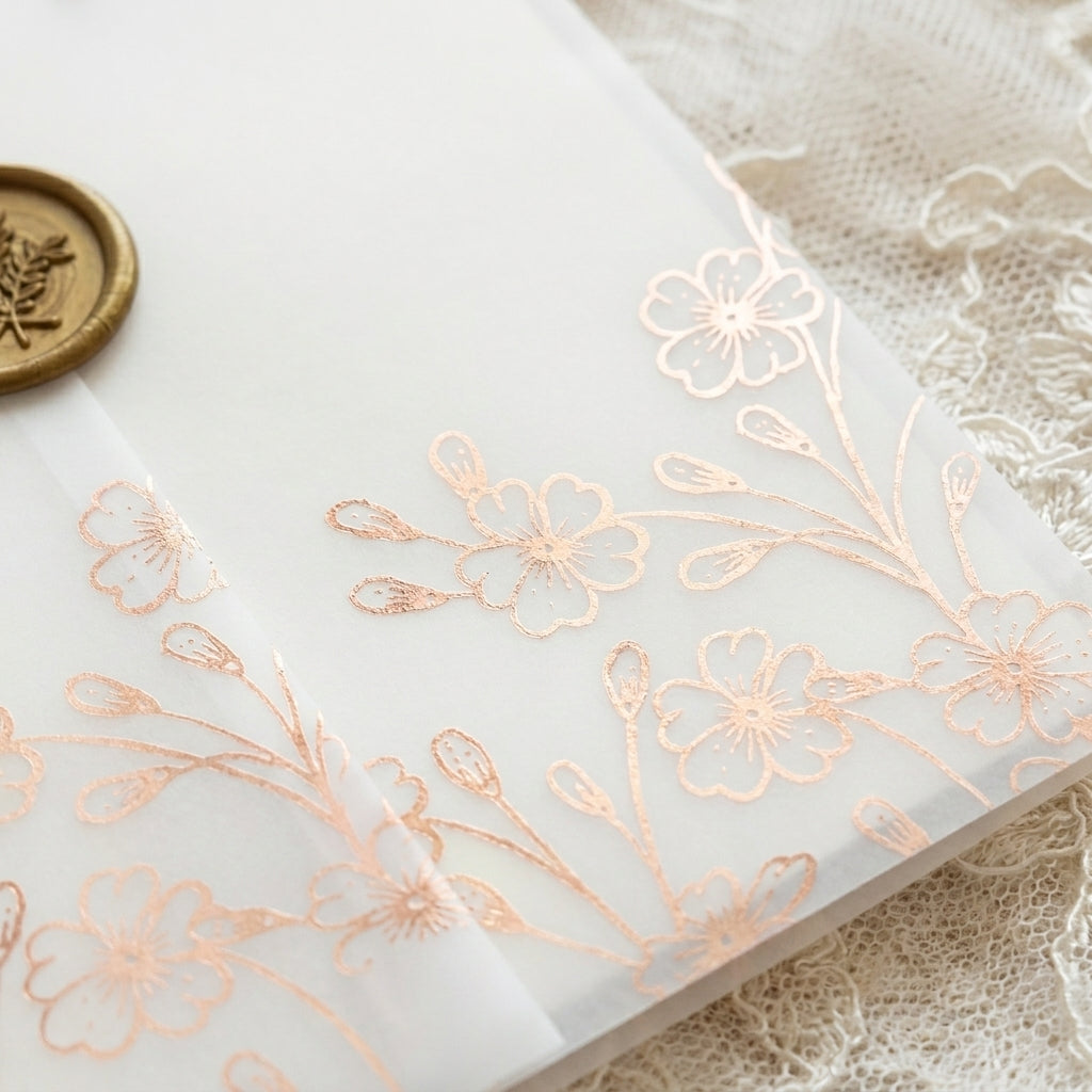 Real foil wedding invitations add a striking, metallic shine and a luxurious, tactile feel to your stationery that cannot be replicated by standard digital printing. Real foil uses heat and pressure to bond true metallic material directly onto your paper or cardstock.