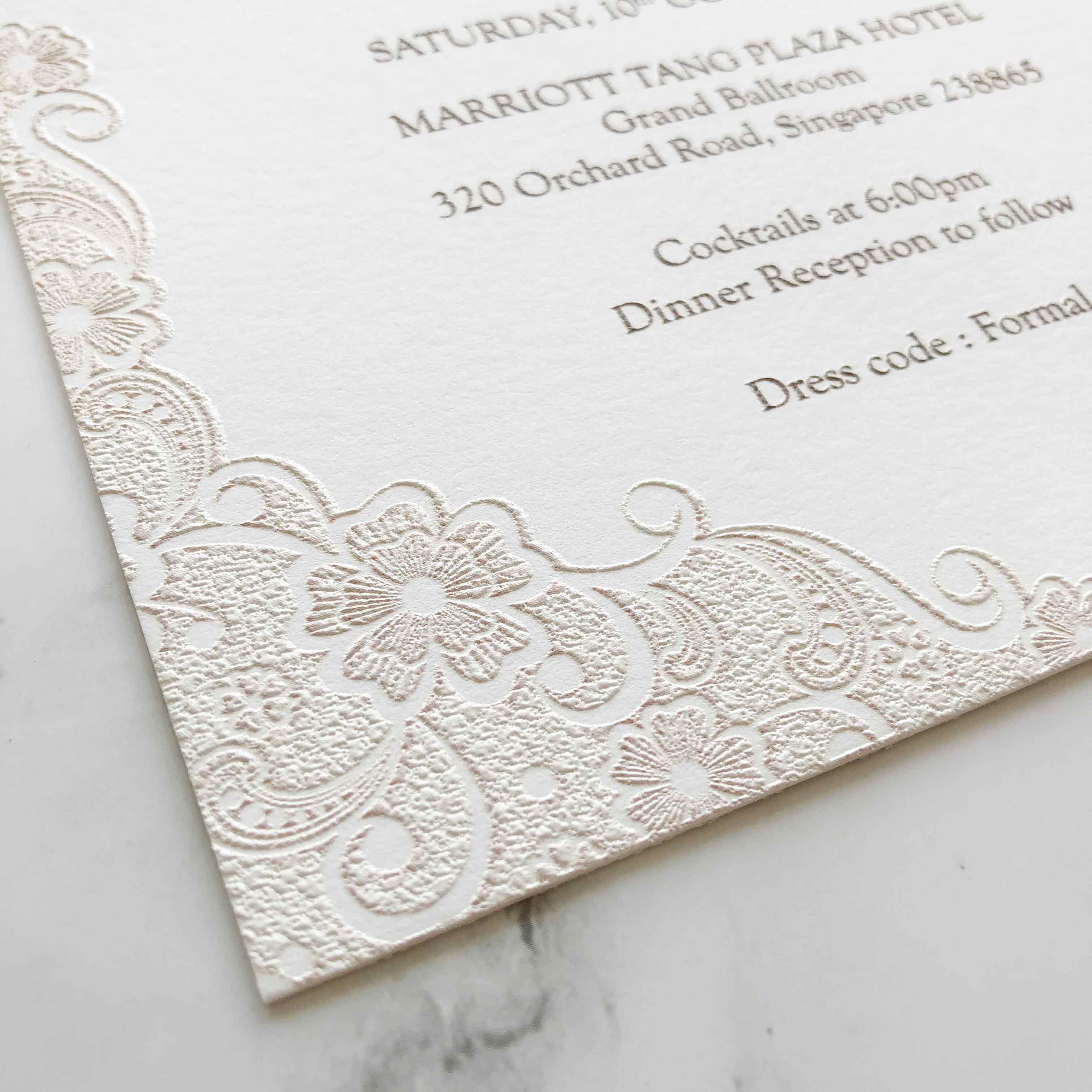Raised Print Wedding Invitations deliver an aesthetic finishing and unmatchable texture whilst promising an appealing and alluring visual impact as well as a lasting impression upon touch with its elevated features.
