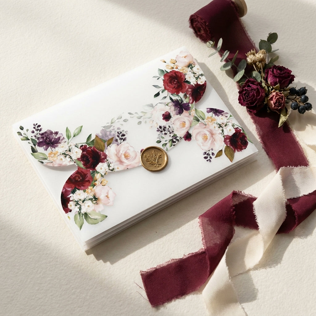 A scallop vellum envelope or wrap adds a soft, romantic, and tactile dimension to your wedding invitation suite. The translucent paper allows a sneak peek of your design underneath, while the laser-cut wavy edges elevate the presentation.