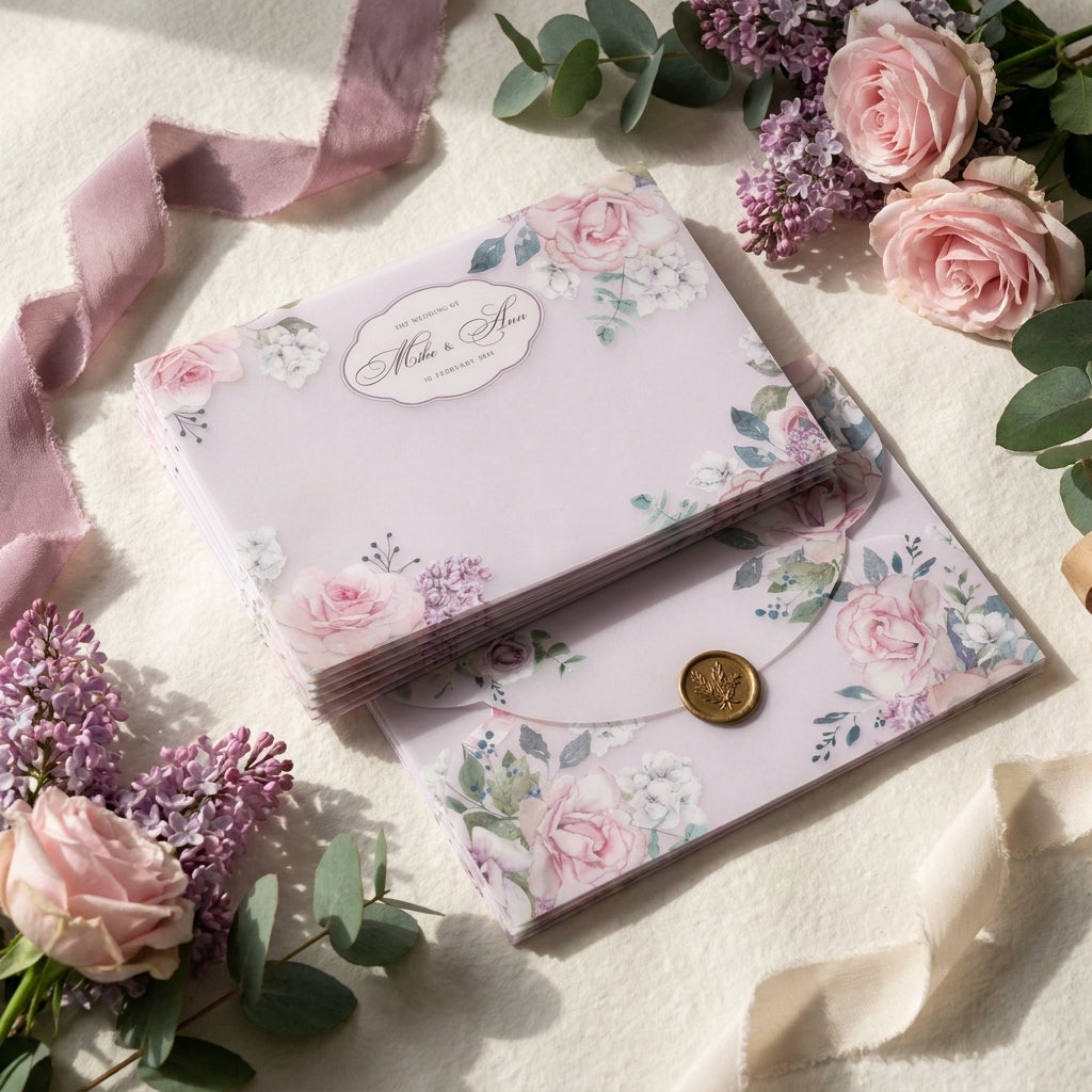 A scallop vellum envelope or wrap adds a soft, romantic, and tactile dimension to your wedding invitation suite. The translucent paper allows a sneak peek of your design underneath, while the laser-cut wavy edges elevate the presentation.