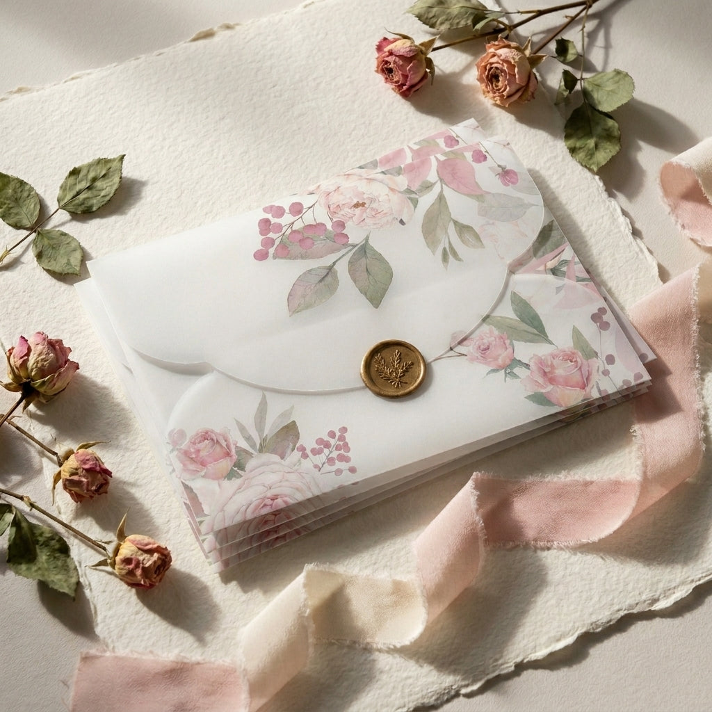 A scallop vellum envelope or wrap adds a soft, romantic, and tactile dimension to your wedding invitation suite. The translucent paper allows a sneak peek of your design underneath, while the laser-cut wavy edges elevate the presentation.