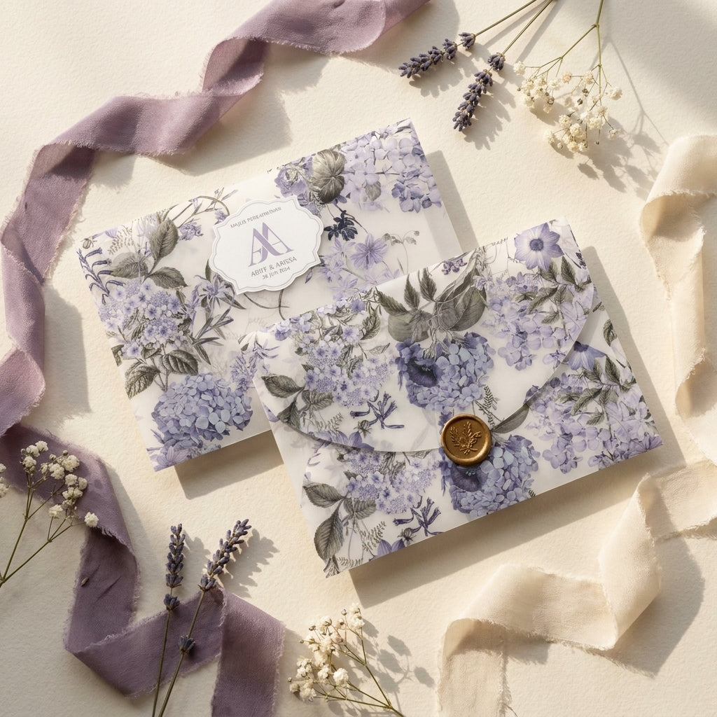 A scallop vellum envelope or wrap adds a soft, romantic, and tactile dimension to your wedding invitation suite. The translucent paper allows a sneak peek of your design underneath, while the laser-cut wavy edges elevate the presentation.