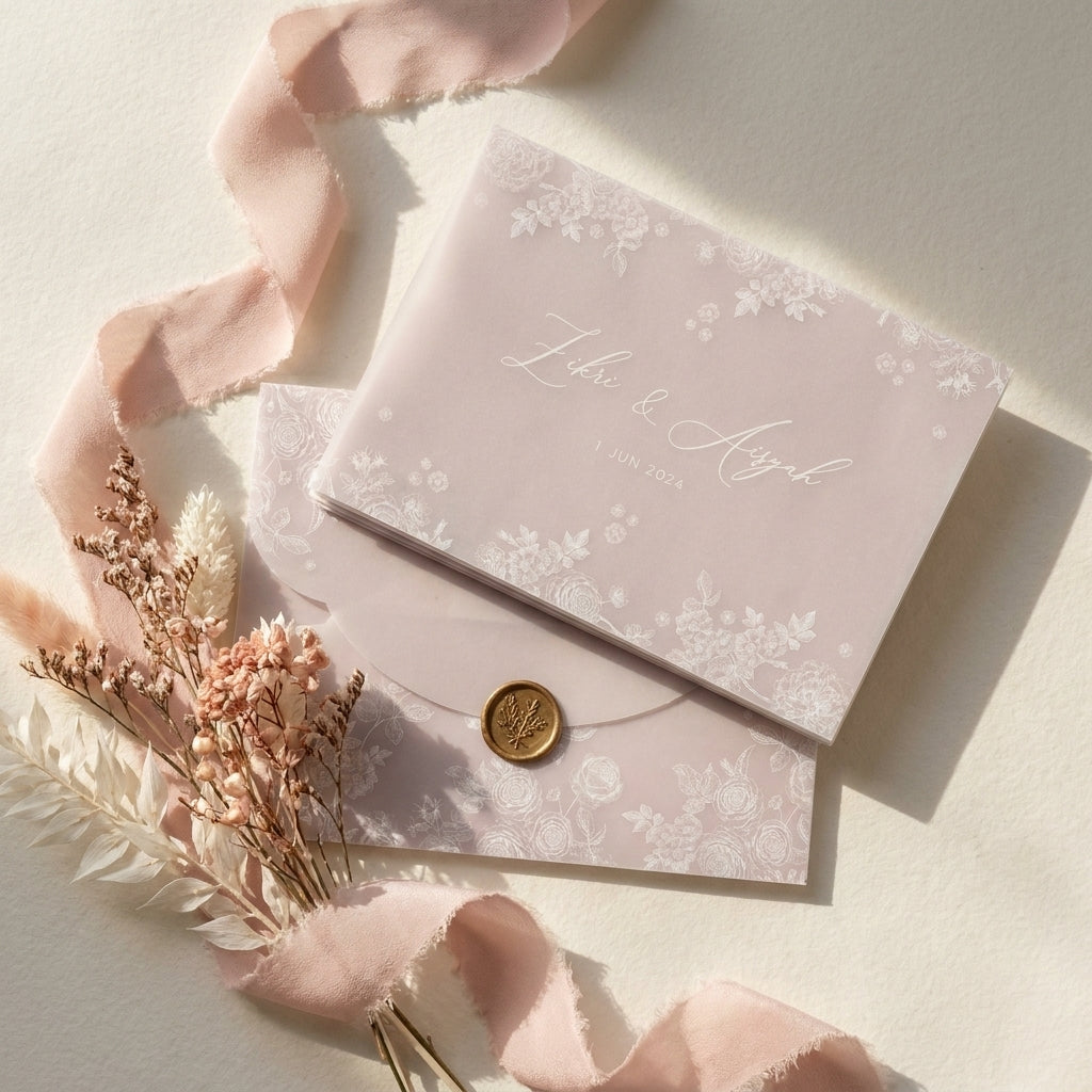 A scallop vellum envelope or wrap adds a soft, romantic, and tactile dimension to your wedding invitation suite. The translucent paper allows a sneak peek of your design underneath, while the laser-cut wavy edges elevate the presentation.