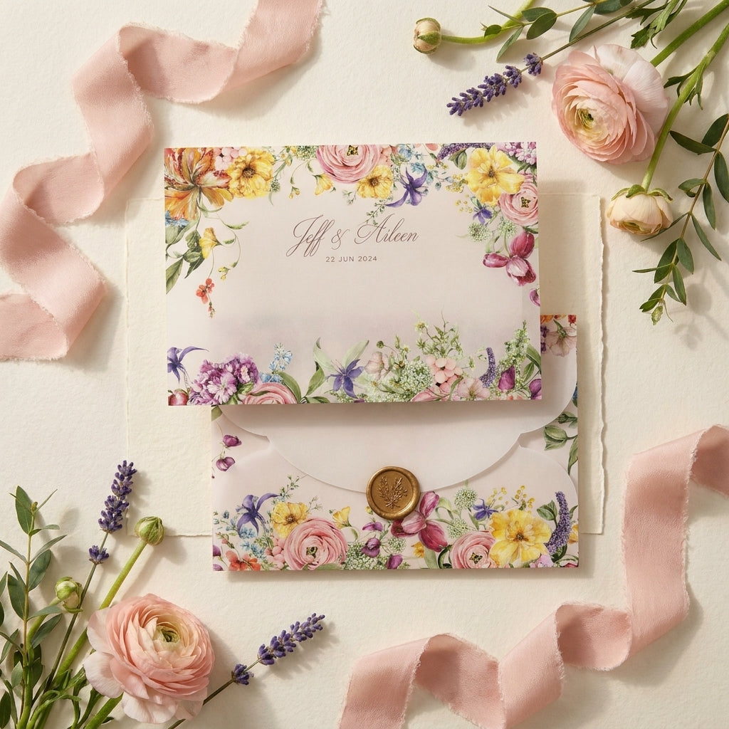 Floral wedding invitation with ribbons and flowers on a light background