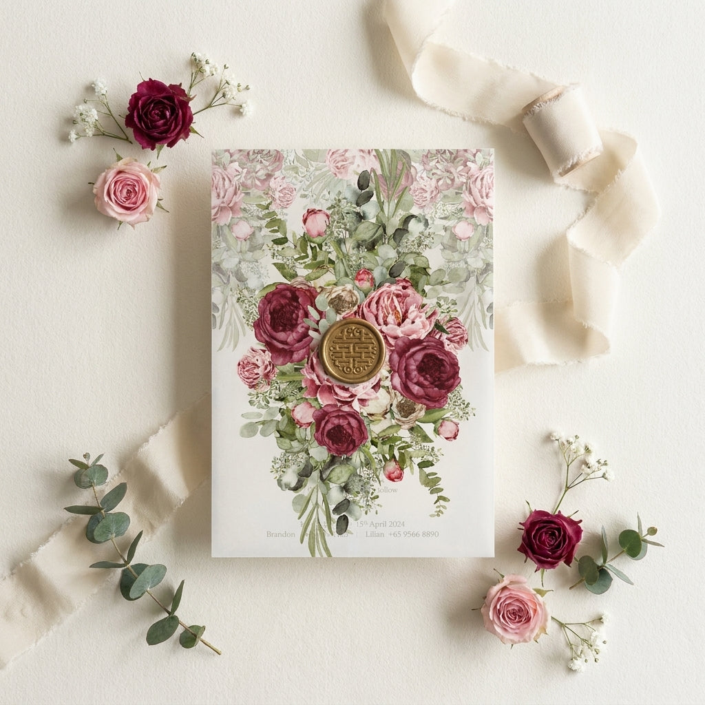 Vellum wedding invitation come together with floral card in pink and red roses on a light background