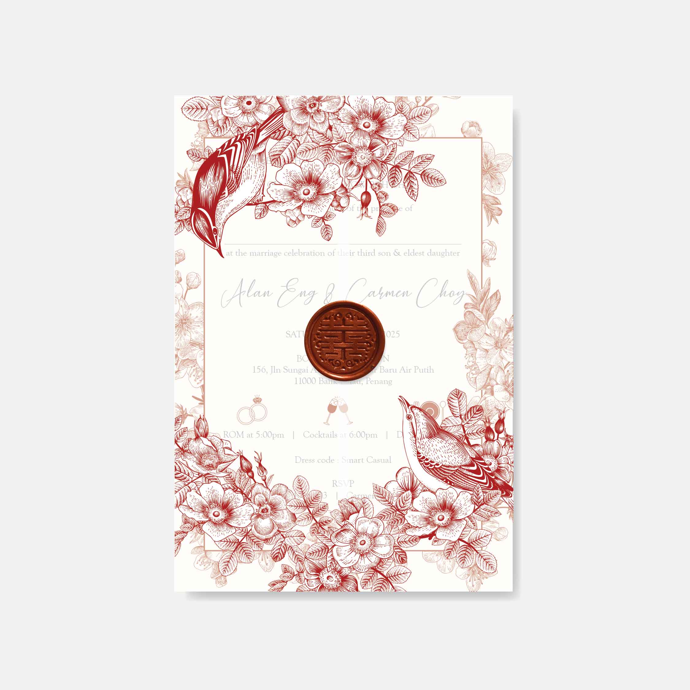 Vellum wedding invitation with floral design and a stamp on a white background