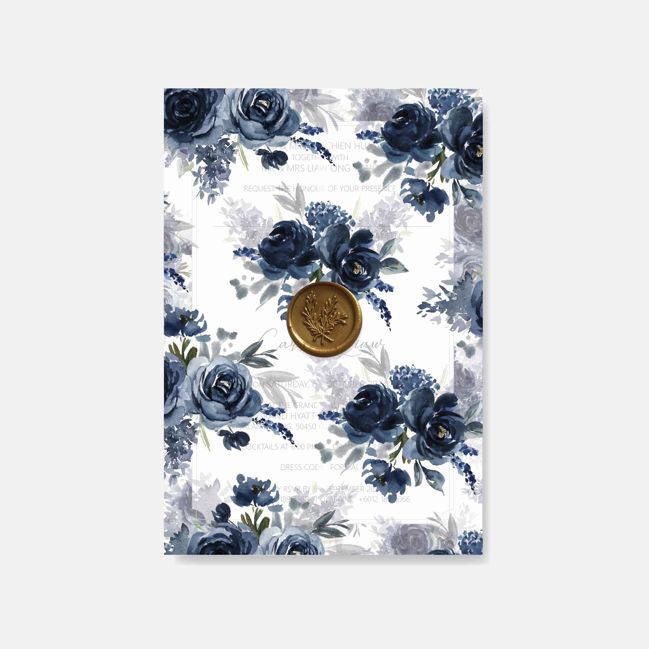 Floral vellum design with a gold seal in the center on a white background