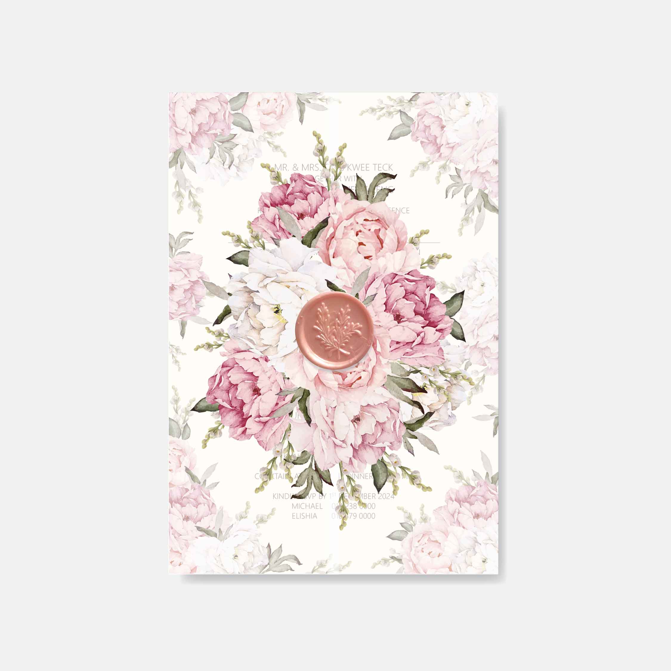 Vellum wedding invitation floral design with a pink seal on a white background