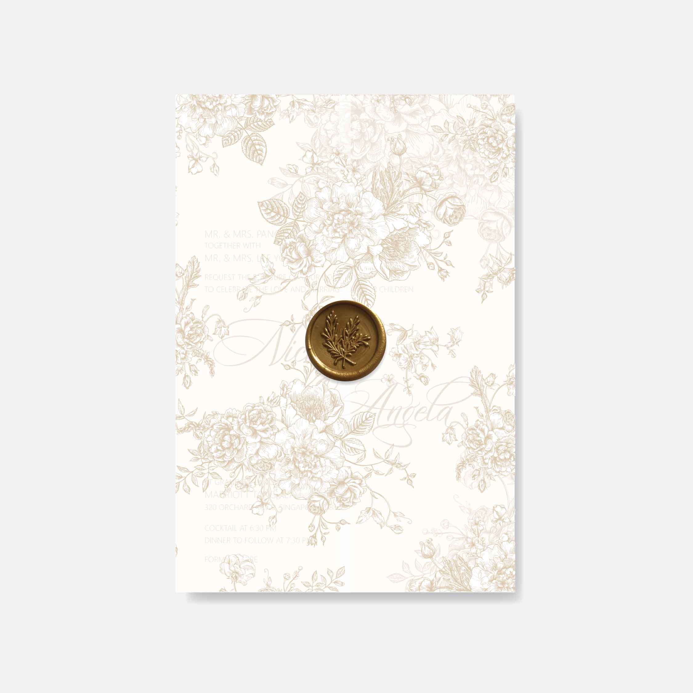 Floral vellum paper with a gold seal on a white background
