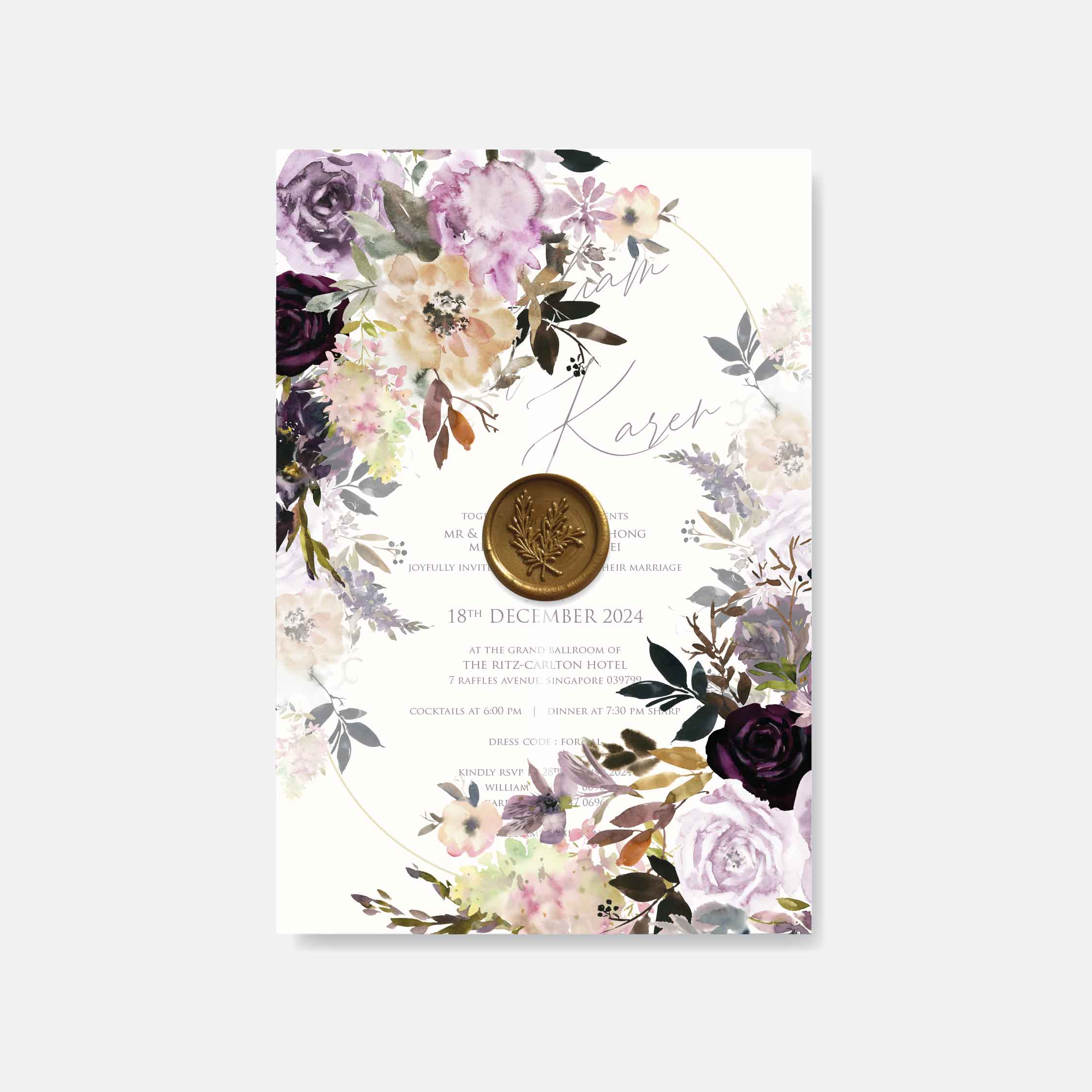 Floral wedding invitation with a wax seal on a white background
