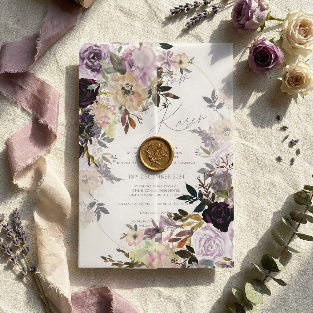 Floral wedding invitation with a gold wax seal on a textured surface with flowers and ribbons.