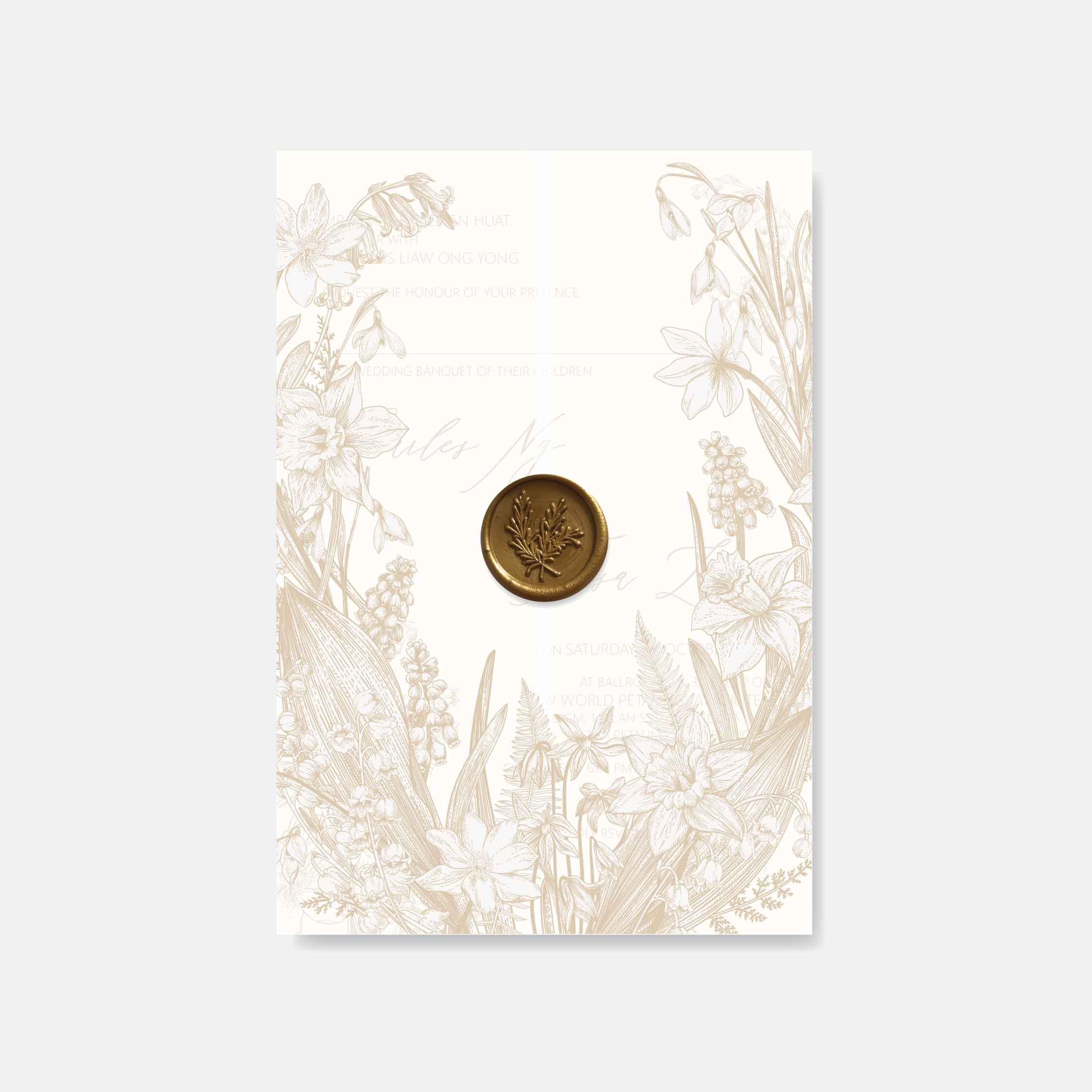 Wedding card with floral design and a wax seal on a white background