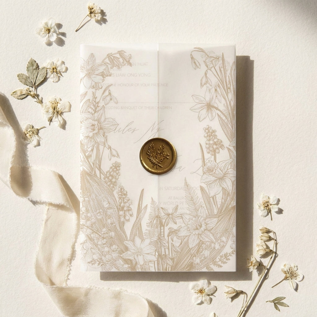 Floral embossed wedding card with a wax seal on a light background