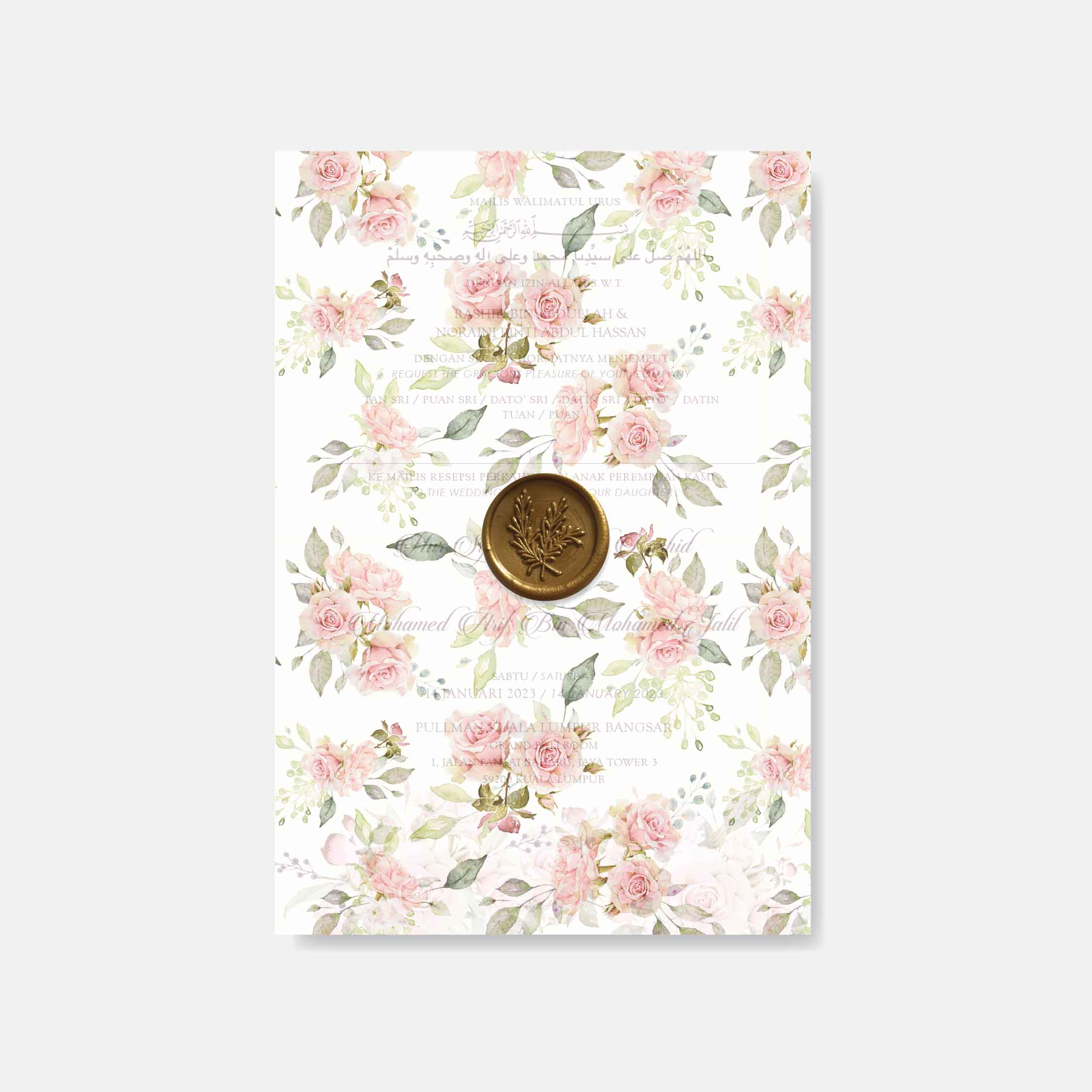 Floral patterned vellum paper with a gold wax custom stamp on a white background