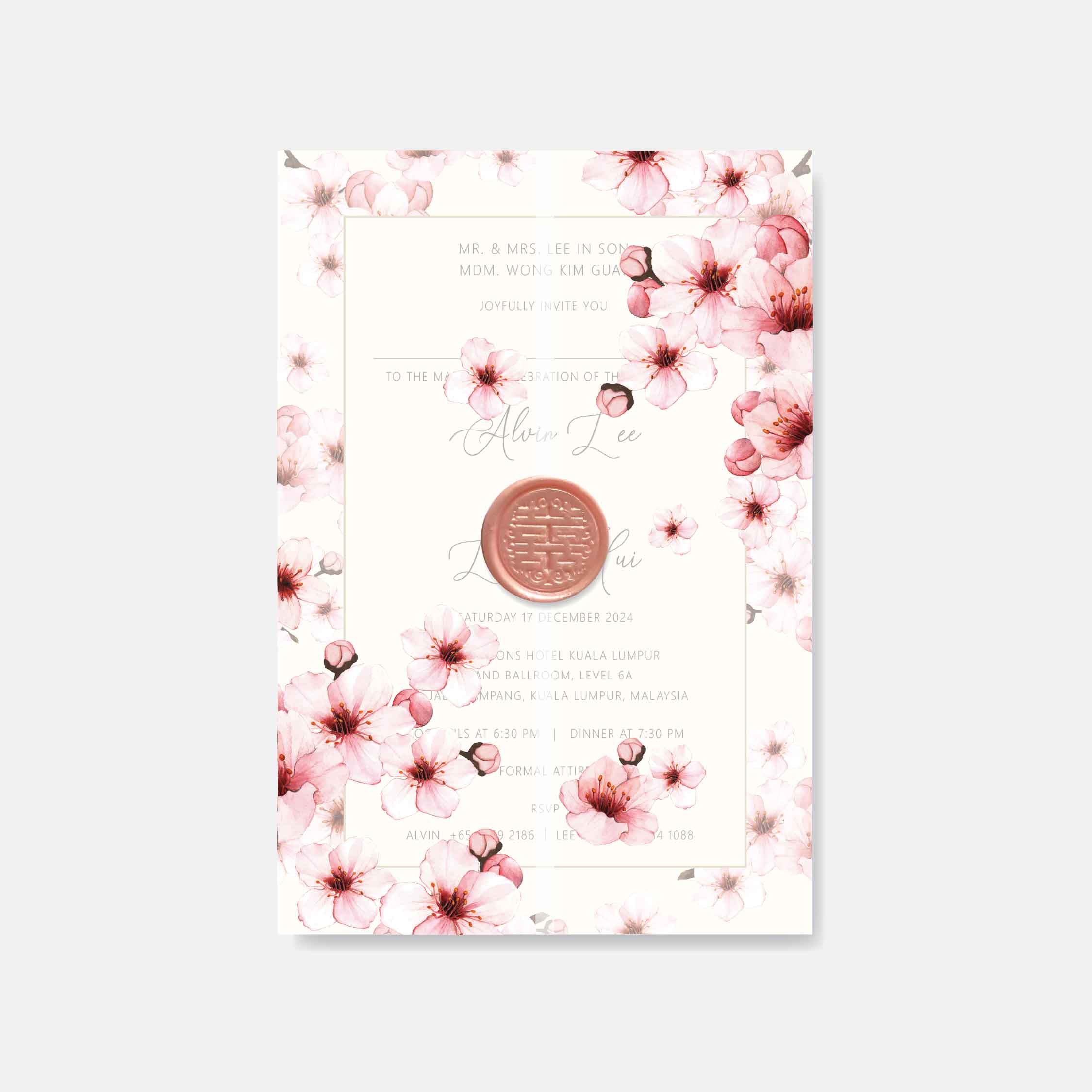 Bloom wedding invitation card with a pink wedding wax seal on a white background