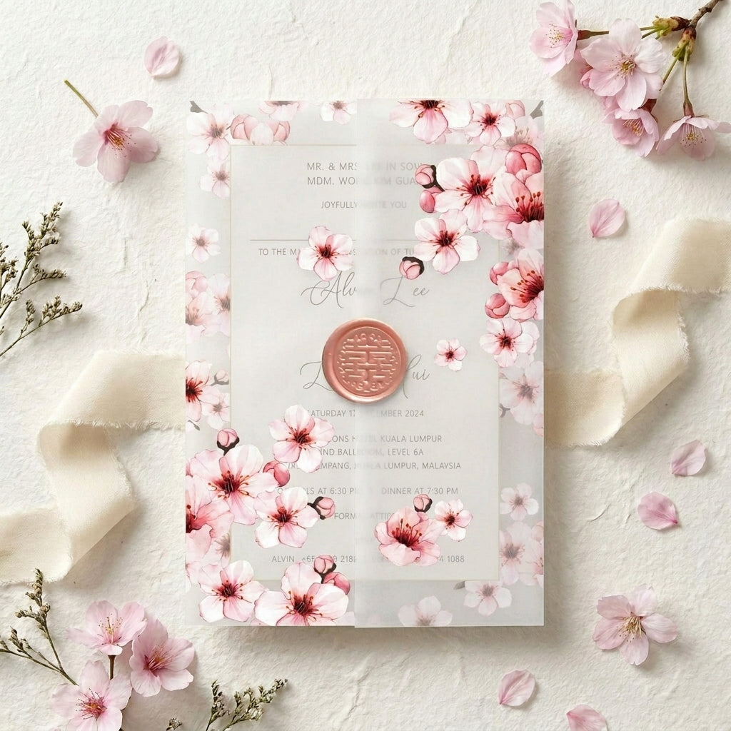 Vellum wedding invitation with cherry blossoms on a textured surface.
