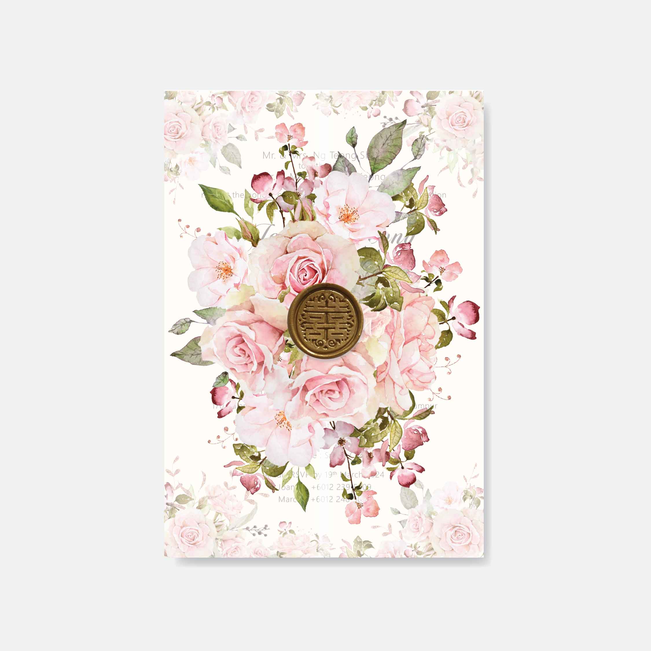 Wedding card in floral design with pink roses and green leaves on a white background