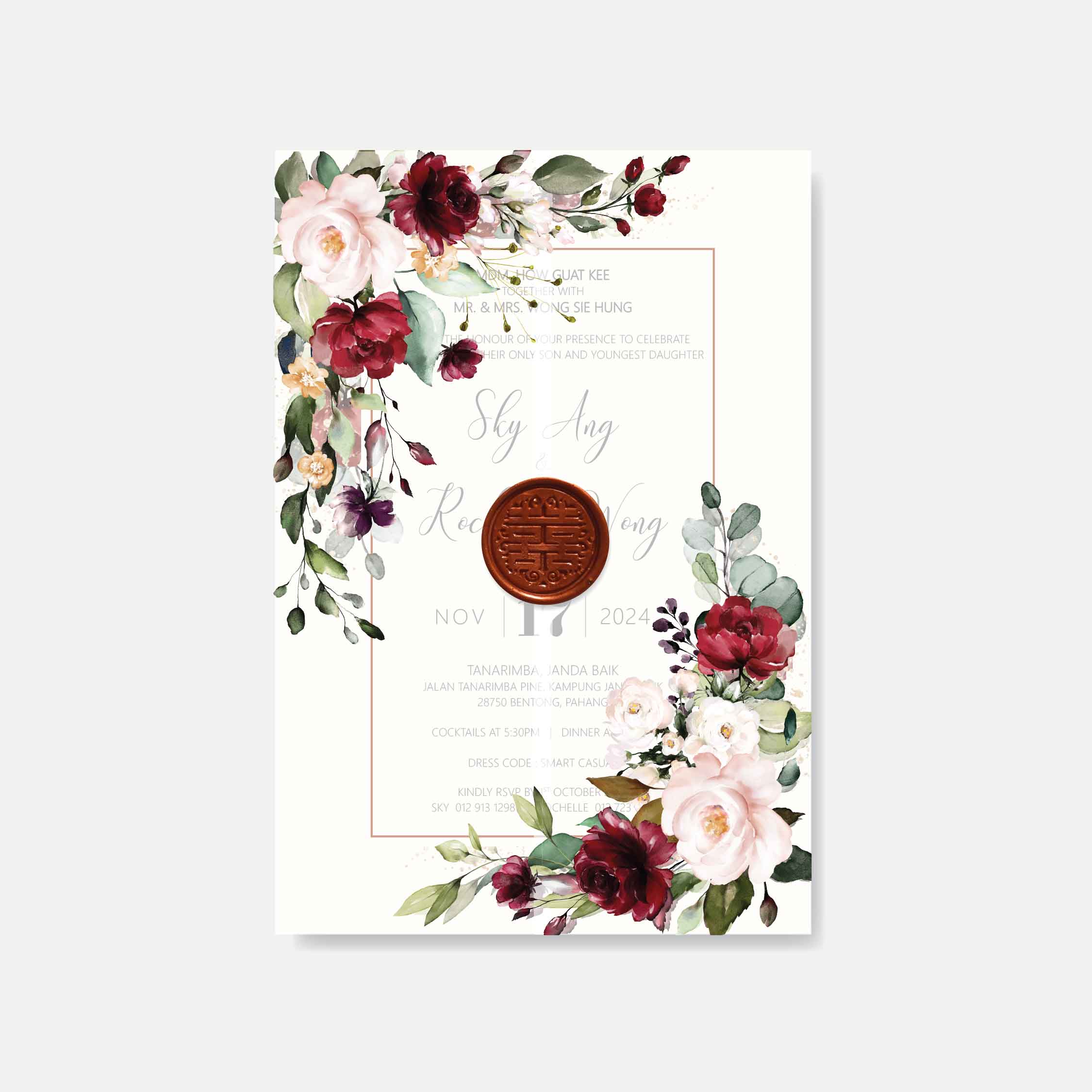 Floral wedding invitation with a elegant maroon wax seal