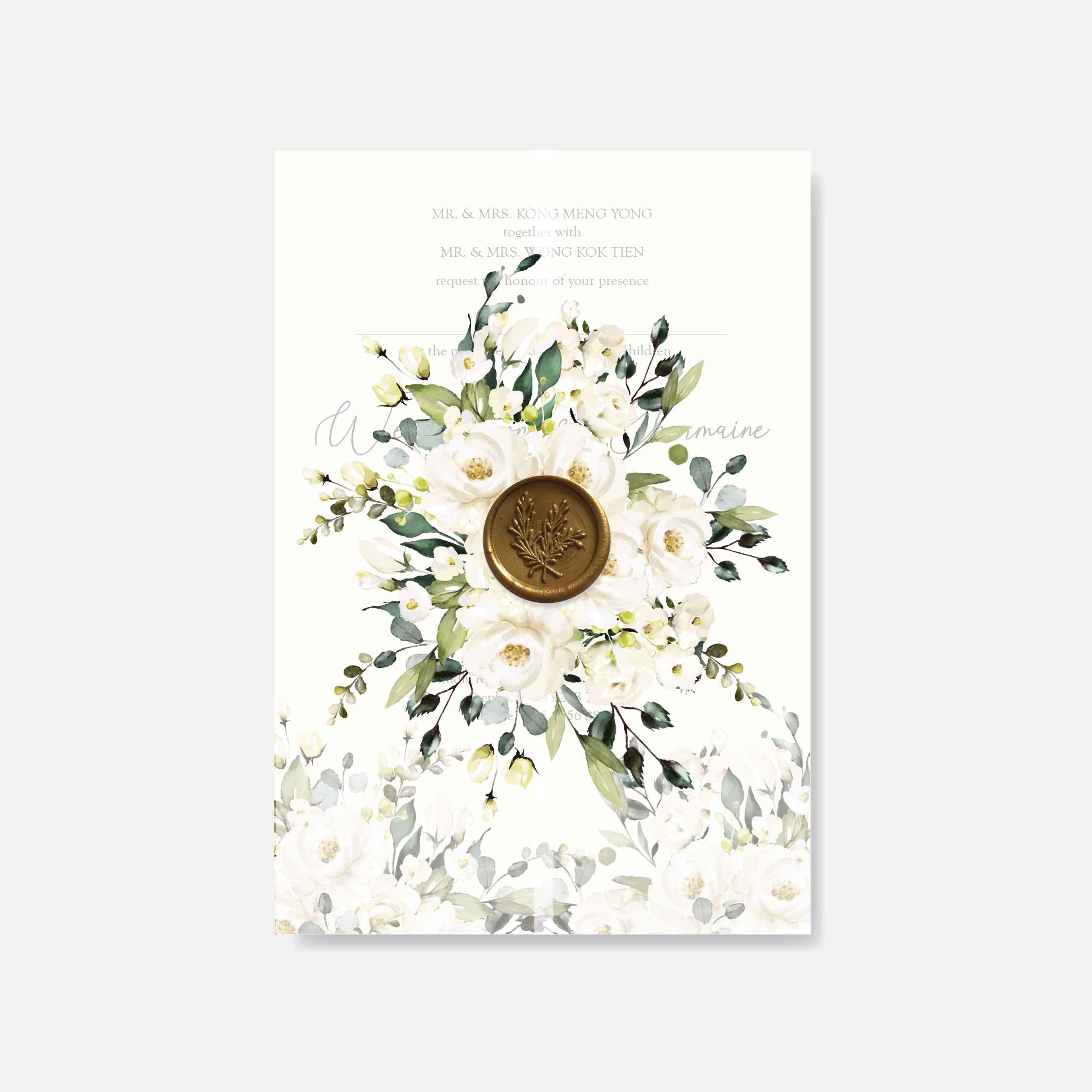 Floral wedding card design with a wax seal on a white background
