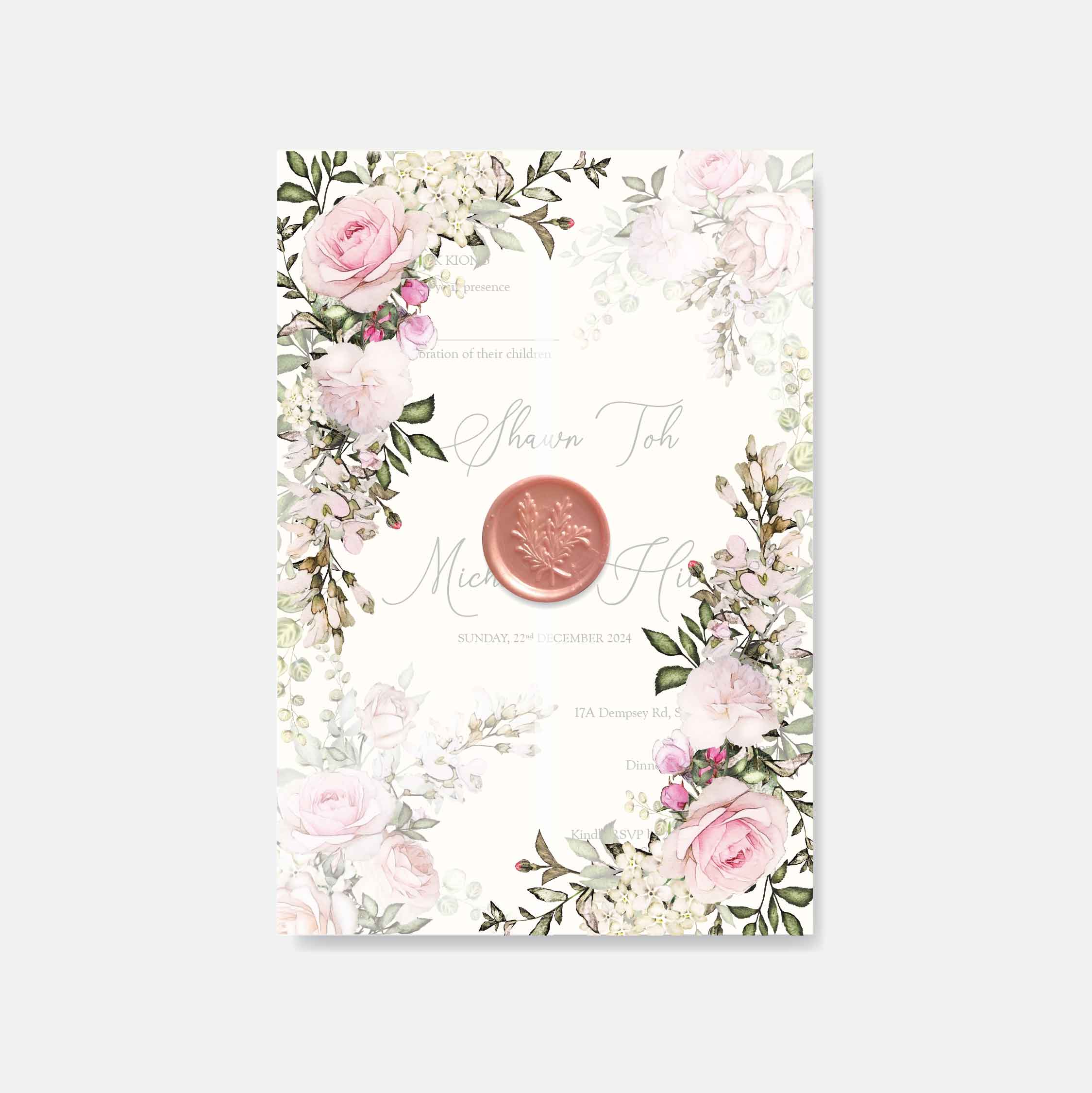 Floral invitation card with pink roses and greenery on a white background