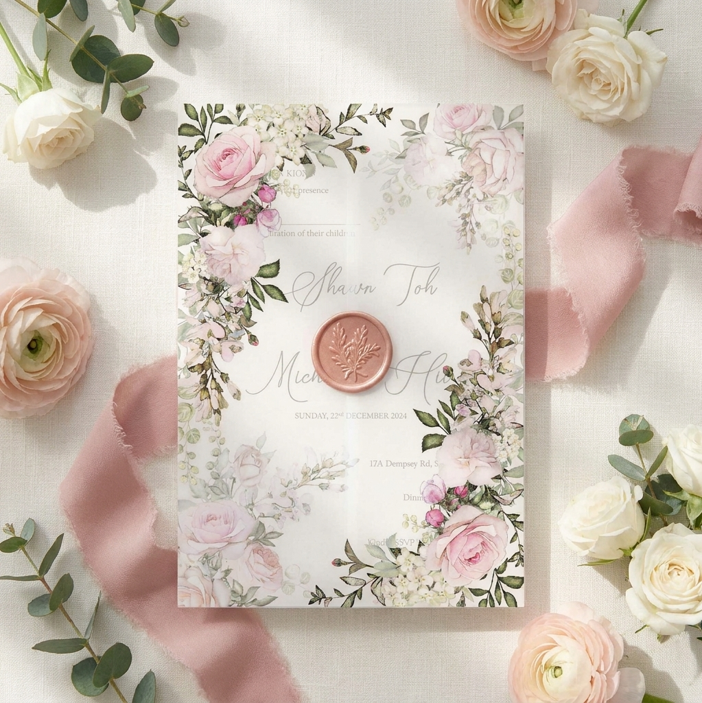 Floral wedding invitation with pink roses and greenery on a white background with flowers and ribbons.