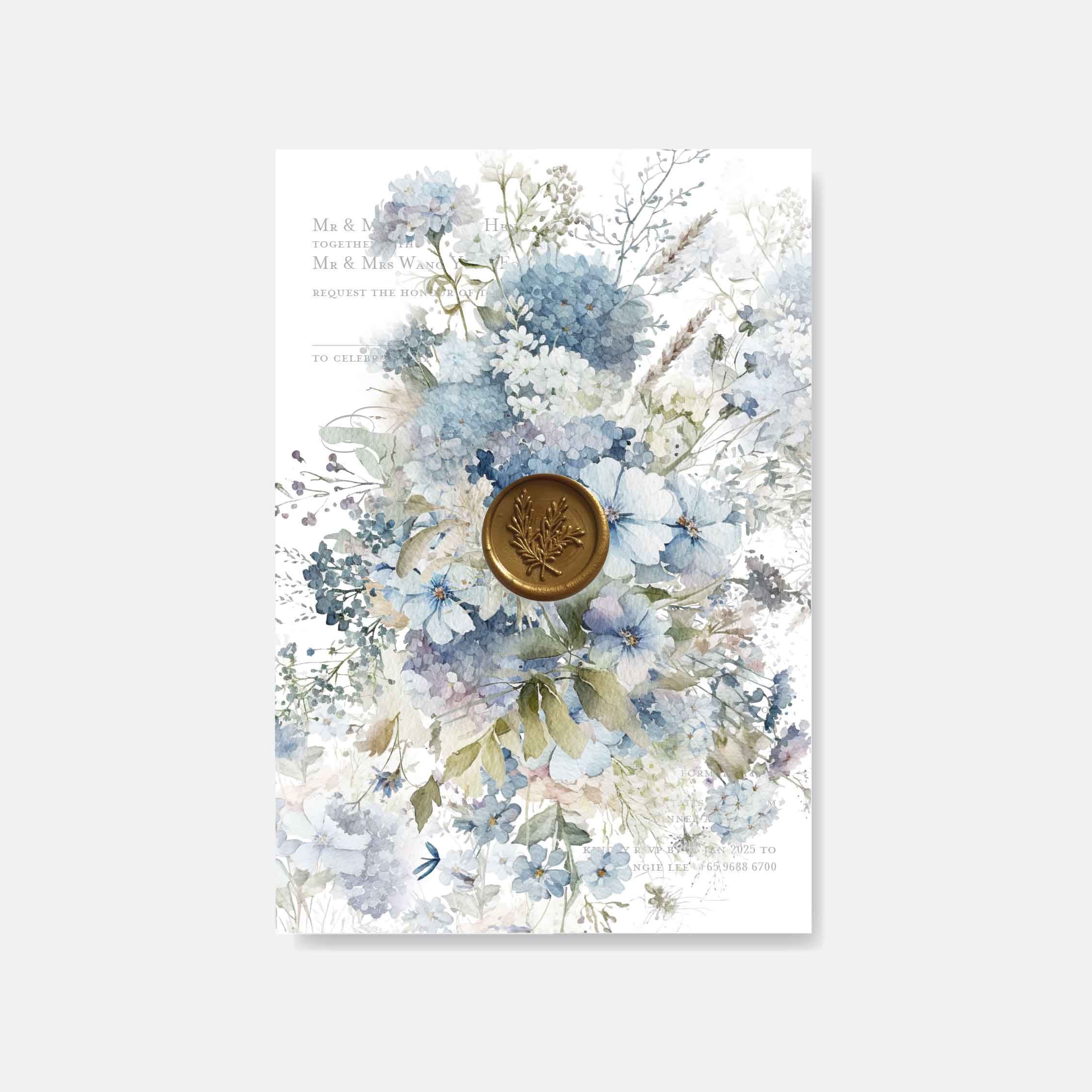 Pastel blue floral wedding invitation design with a wax seal on a white background