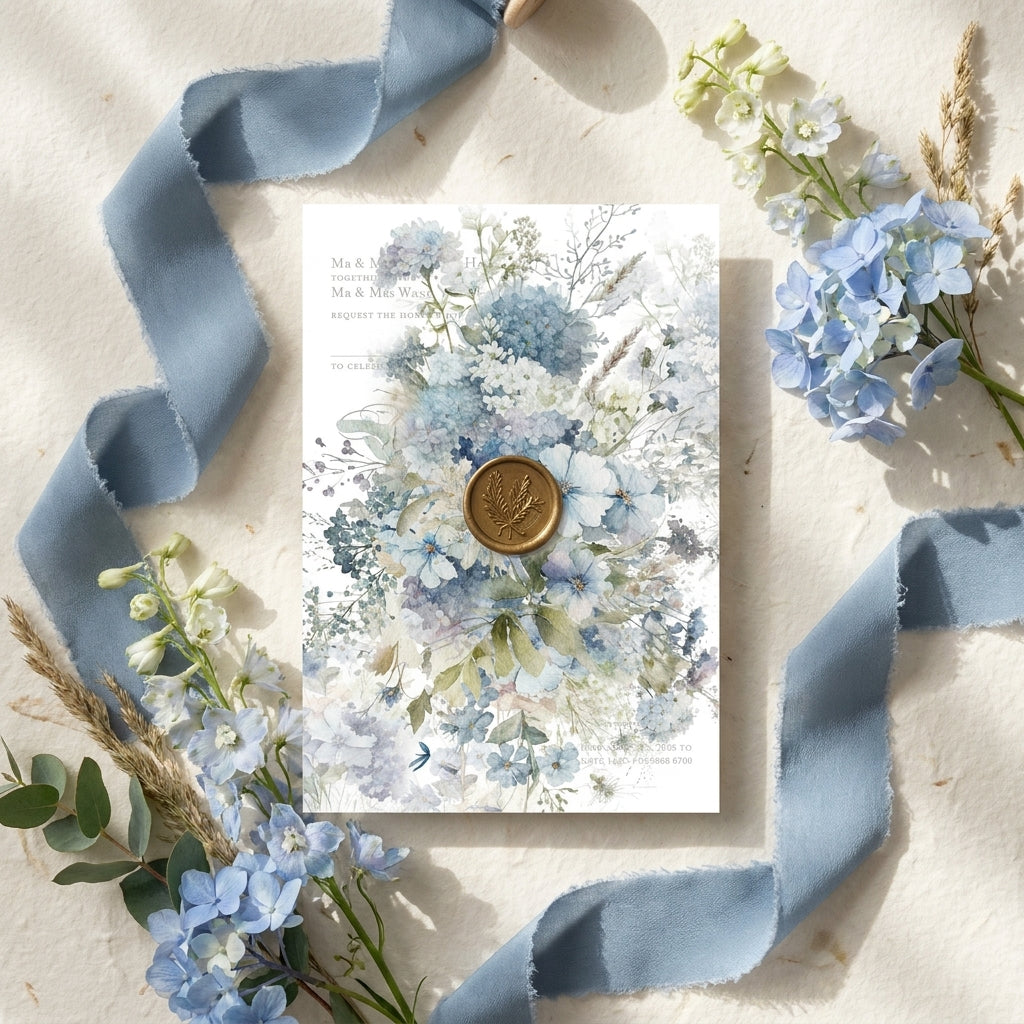 Pastel blue floral wedding card with blue flowers and a gold wax seal, surrounded by blue ribbons and flowers on a textured surface.