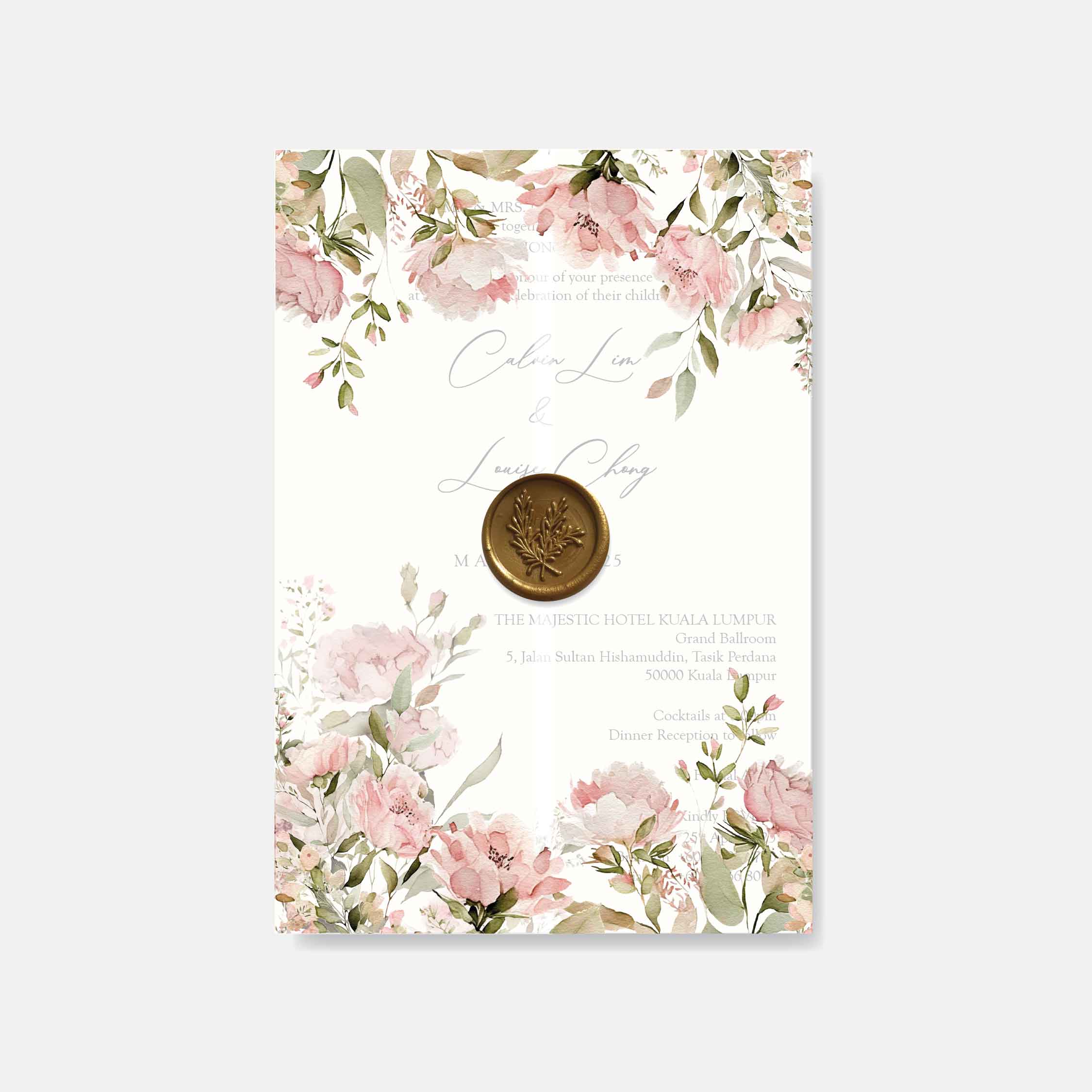 Floral invitation card with pink flowers and a wax seal on a white background